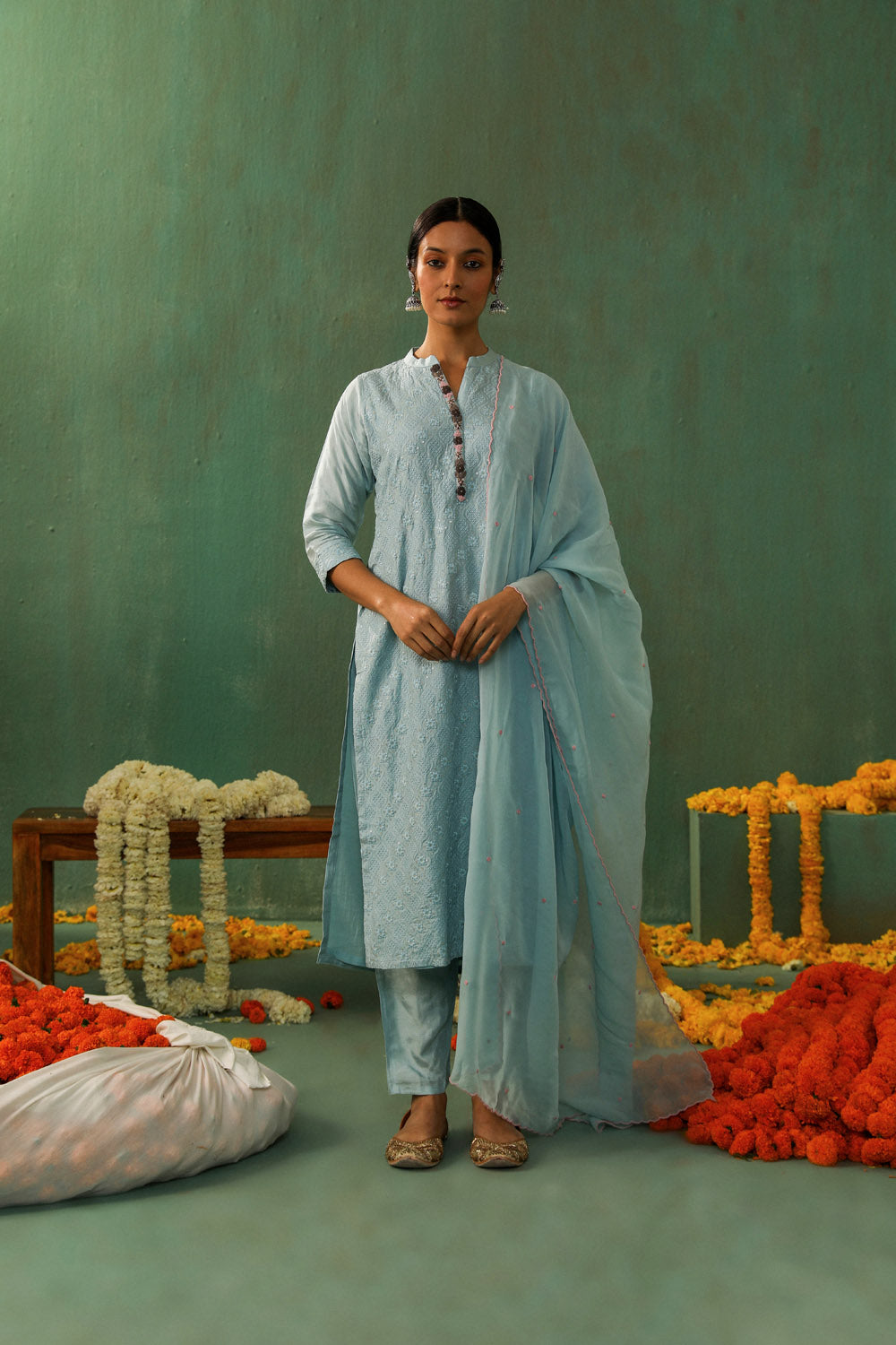 Powder Blue Cotton Silk Suit Set | HER-280