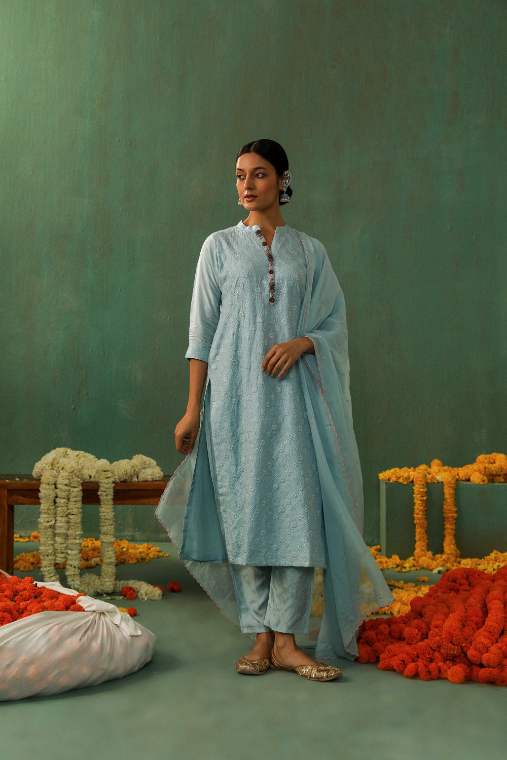 Powder Blue Cotton Silk Suit Set | HER-280