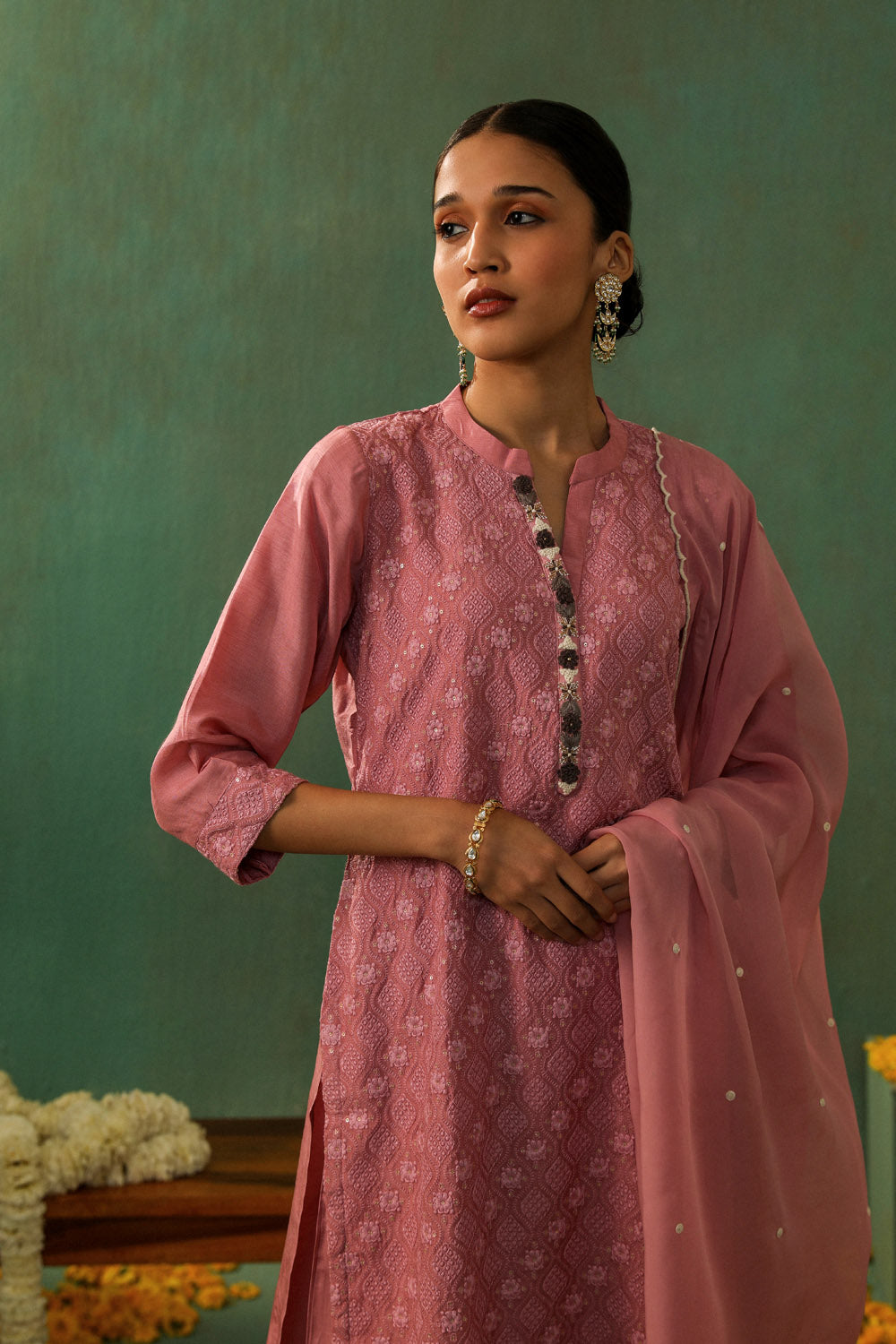 Rose Pink Cotton Silk Suit Set | HER-280