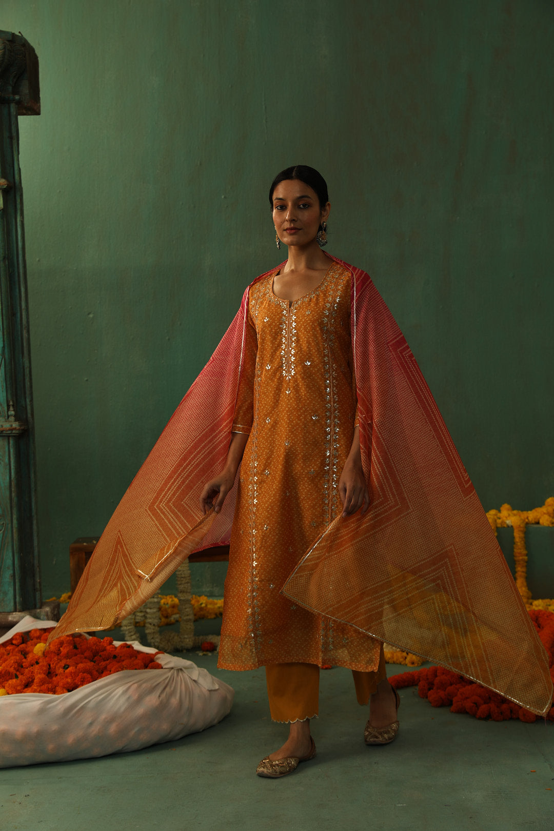 Bandhej Bagh Mustard Yellow Chanderi Suit Set | HER-299