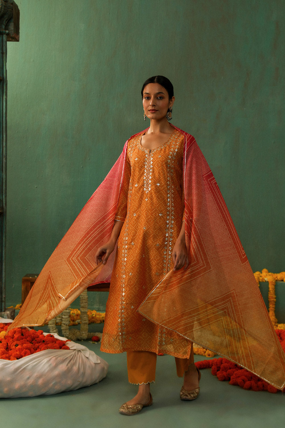 Bandhej Bagh Mustard Yellow Chanderi Suit Set | HER-299