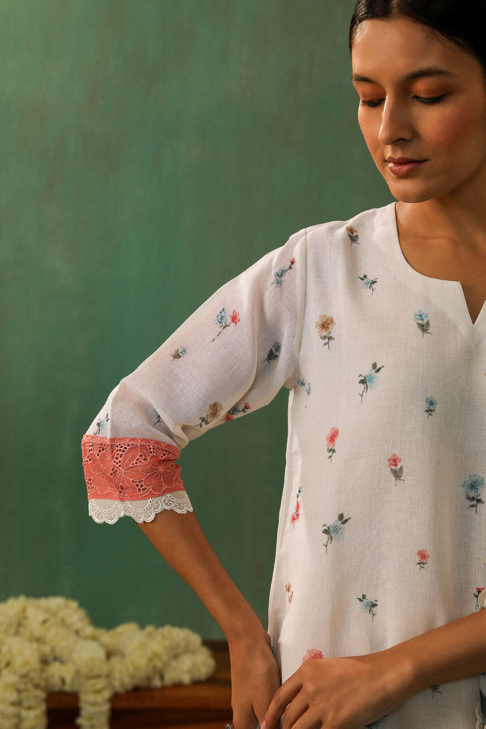 White Straight Fit Printed Linen Suit Set