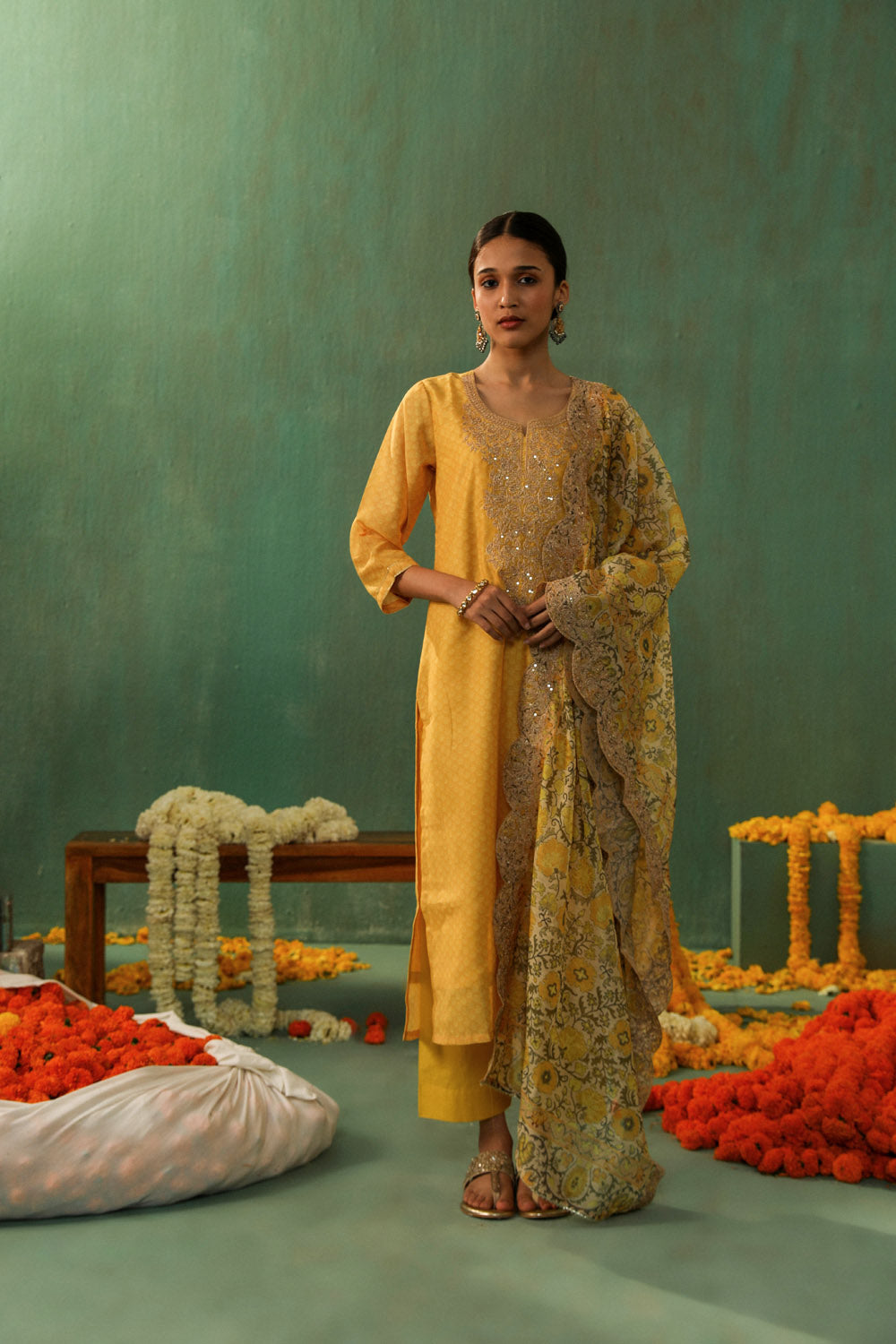 Yellow Straight Fit Chanderi Suit Set | HER-296