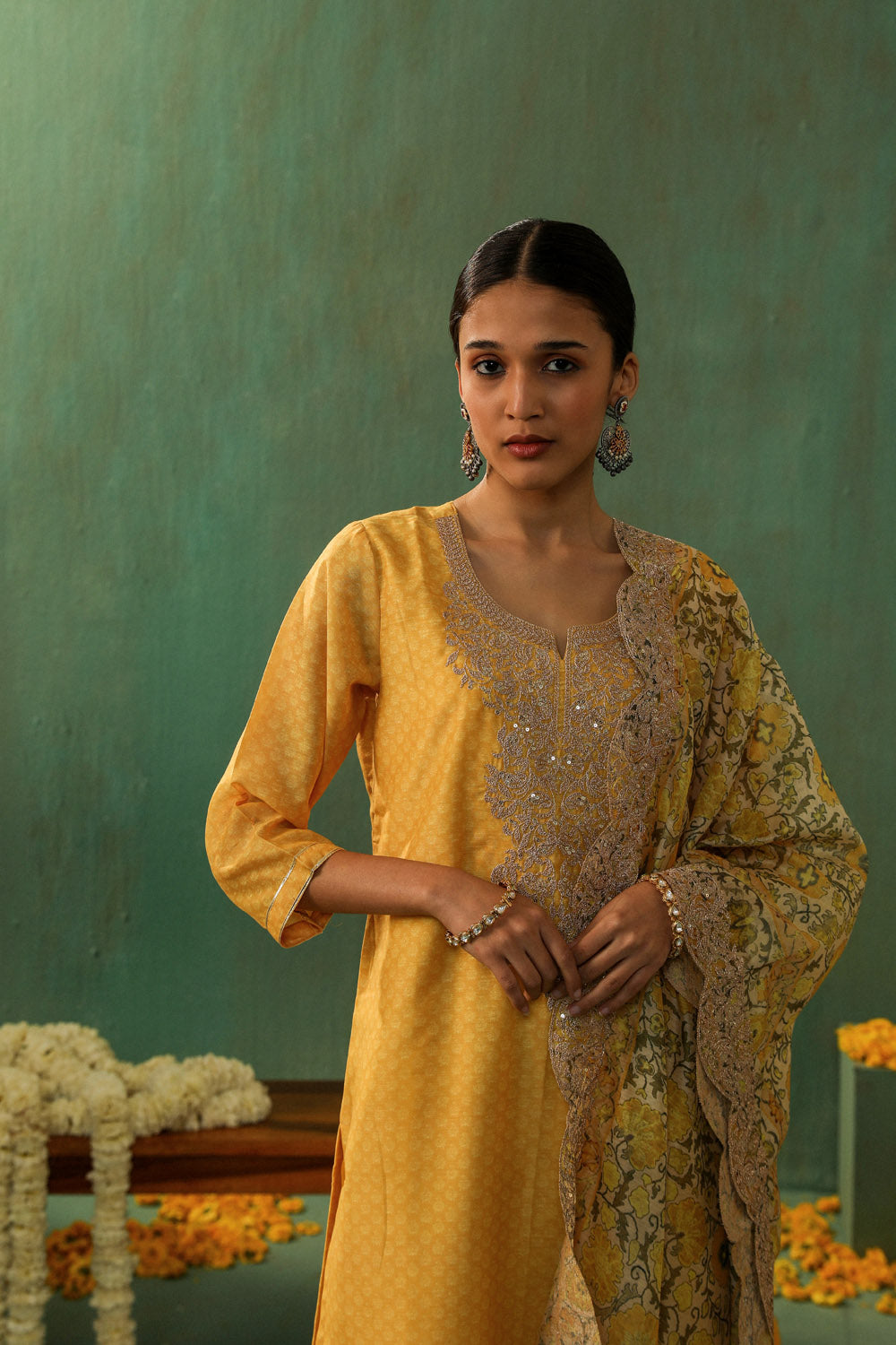 Yellow Straight Fit Chanderi Suit Set | HER-296