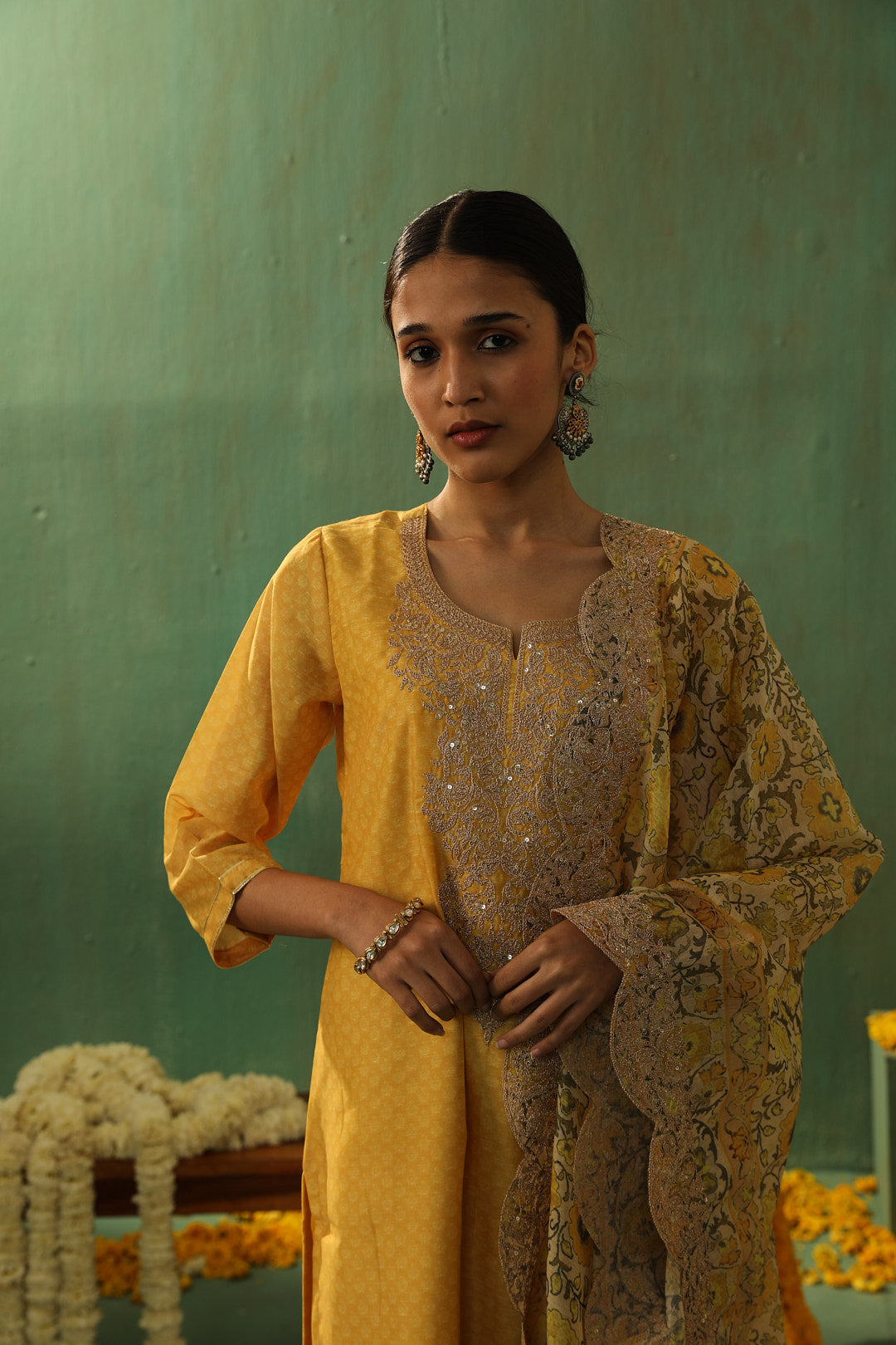 Yellow Straight Fit Chanderi Suit Set | HER-296