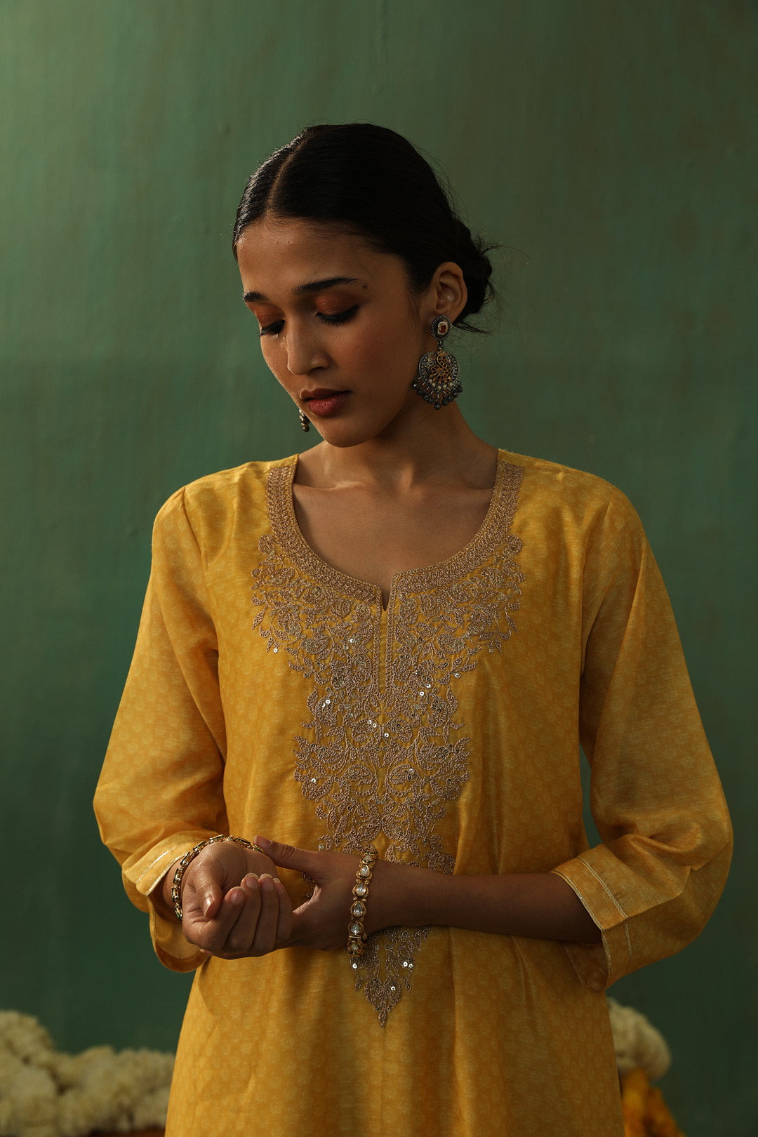 Yellow Straight Fit Chanderi Suit Set | HER-296