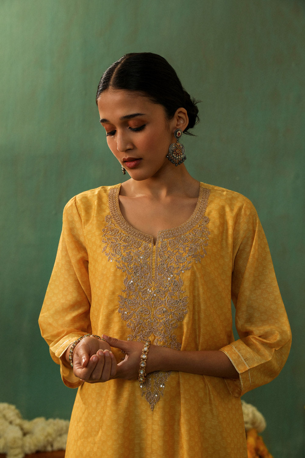 Yellow Straight Fit Chanderi Suit Set | HER-296