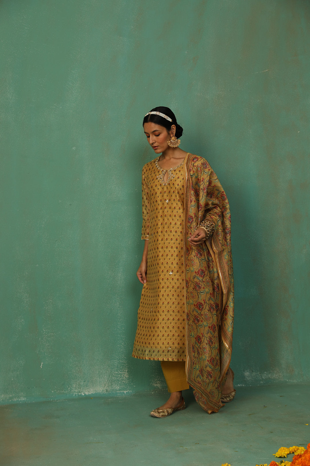 Mustard Straight Fit Chanderi Suit Set | HER-294