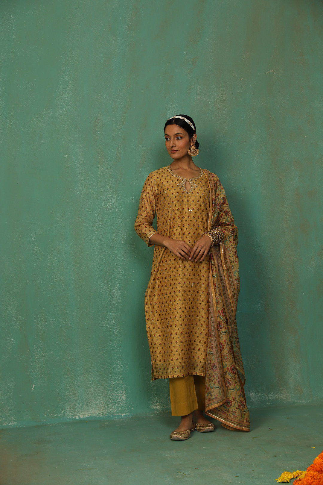 Mustard Straight Fit Chanderi Suit Set | HER-294