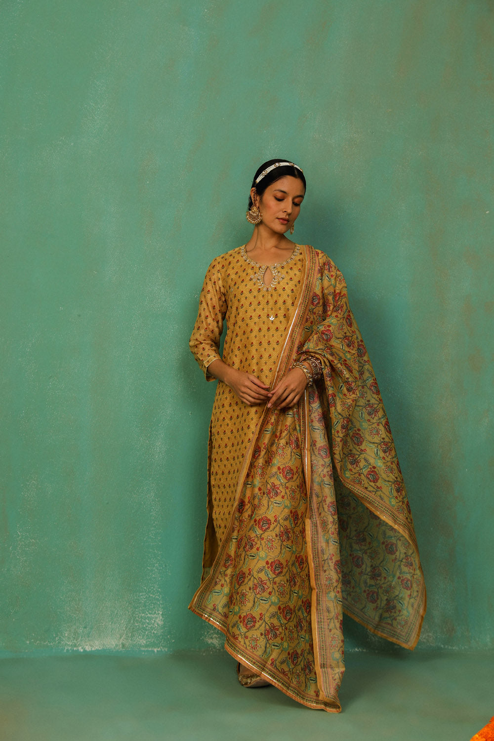 Mustard Straight Fit Chanderi Suit Set | HER-294