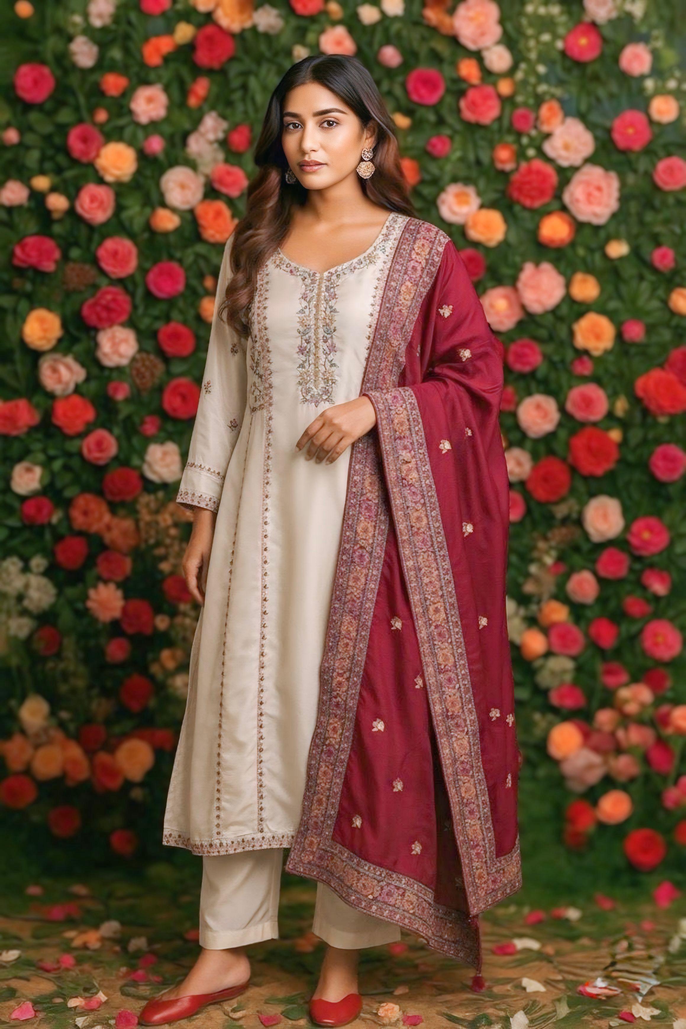 Arzoo Ivory Chanderi Embroidered Suit Set with Maroon Banarasi Dupatta | HER-551