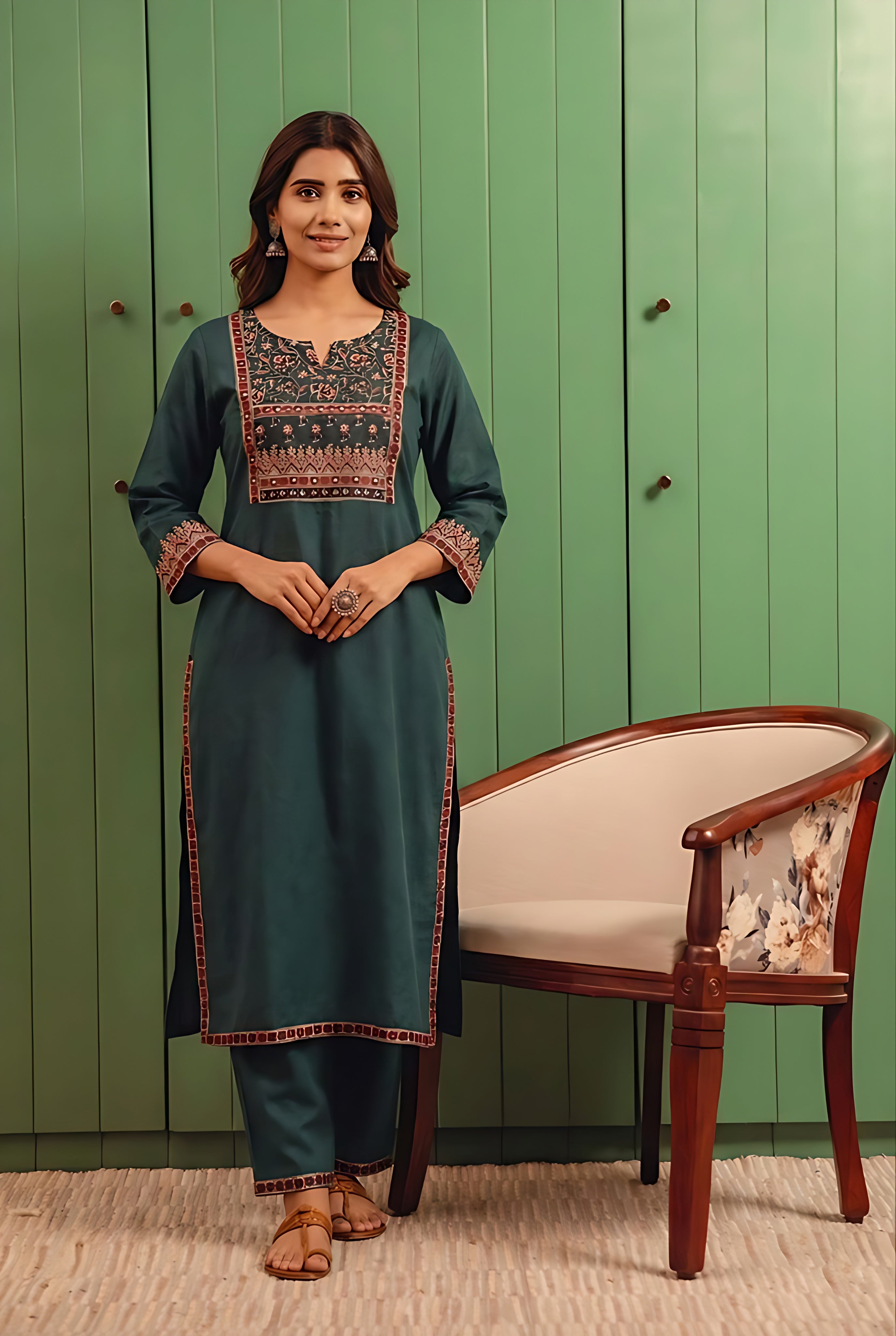 Green Straight Fit Cotton Kurta Set | HER-492