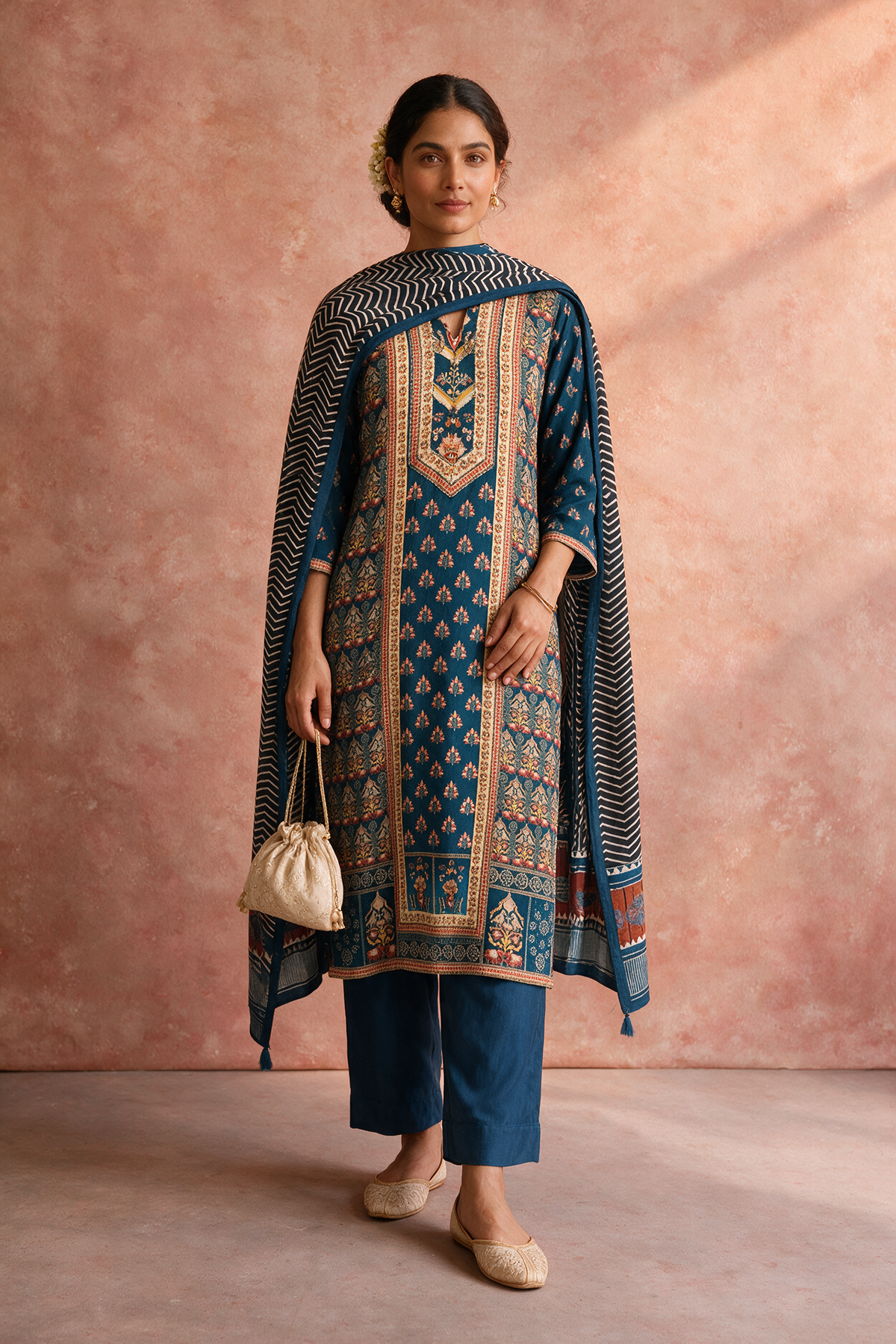 Teal Blue Printed Muslin Suit Set