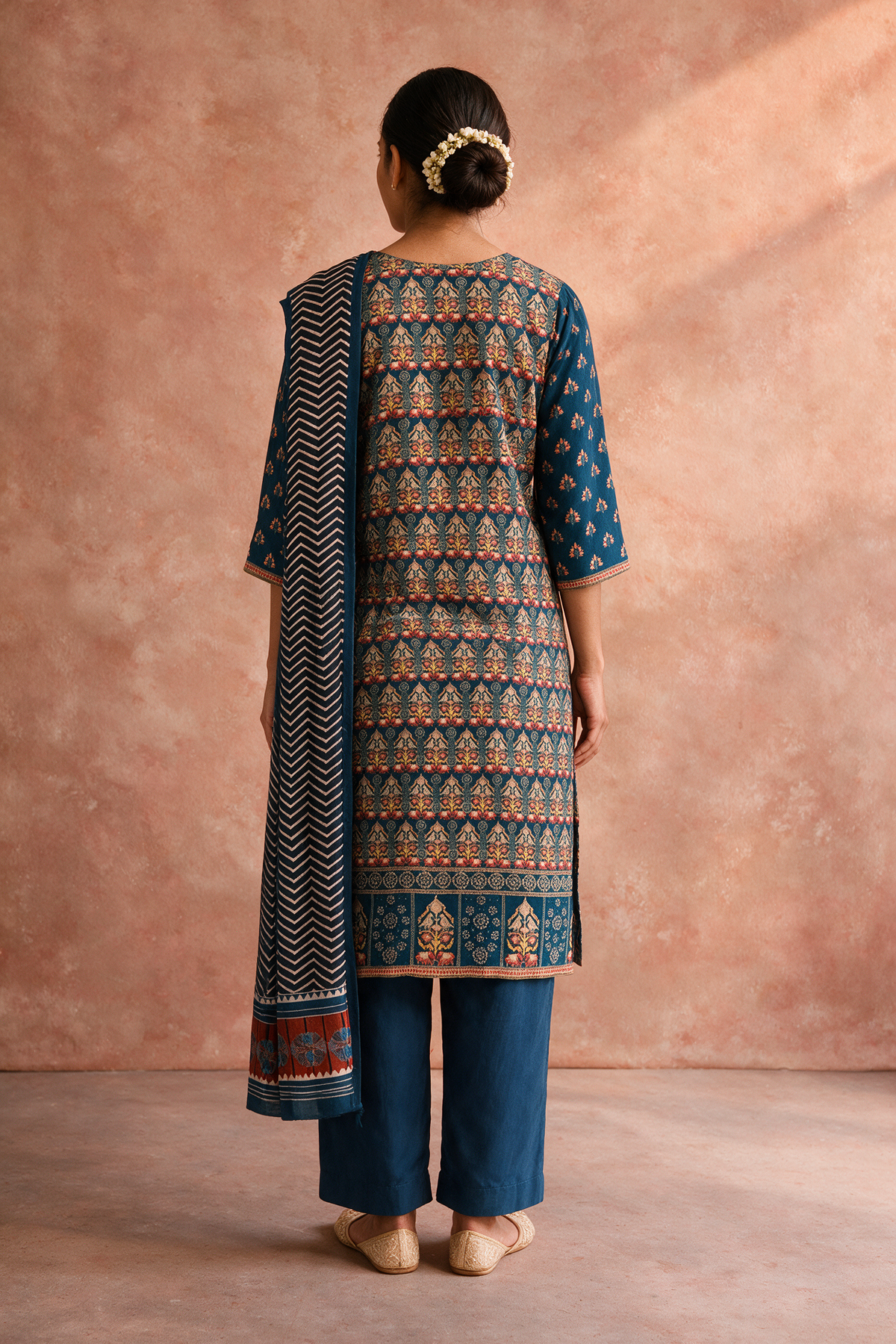 Teal Blue Printed Muslin Suit Set