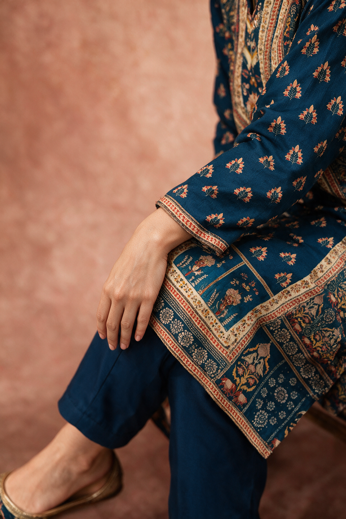 Teal Blue Printed Muslin Suit Set