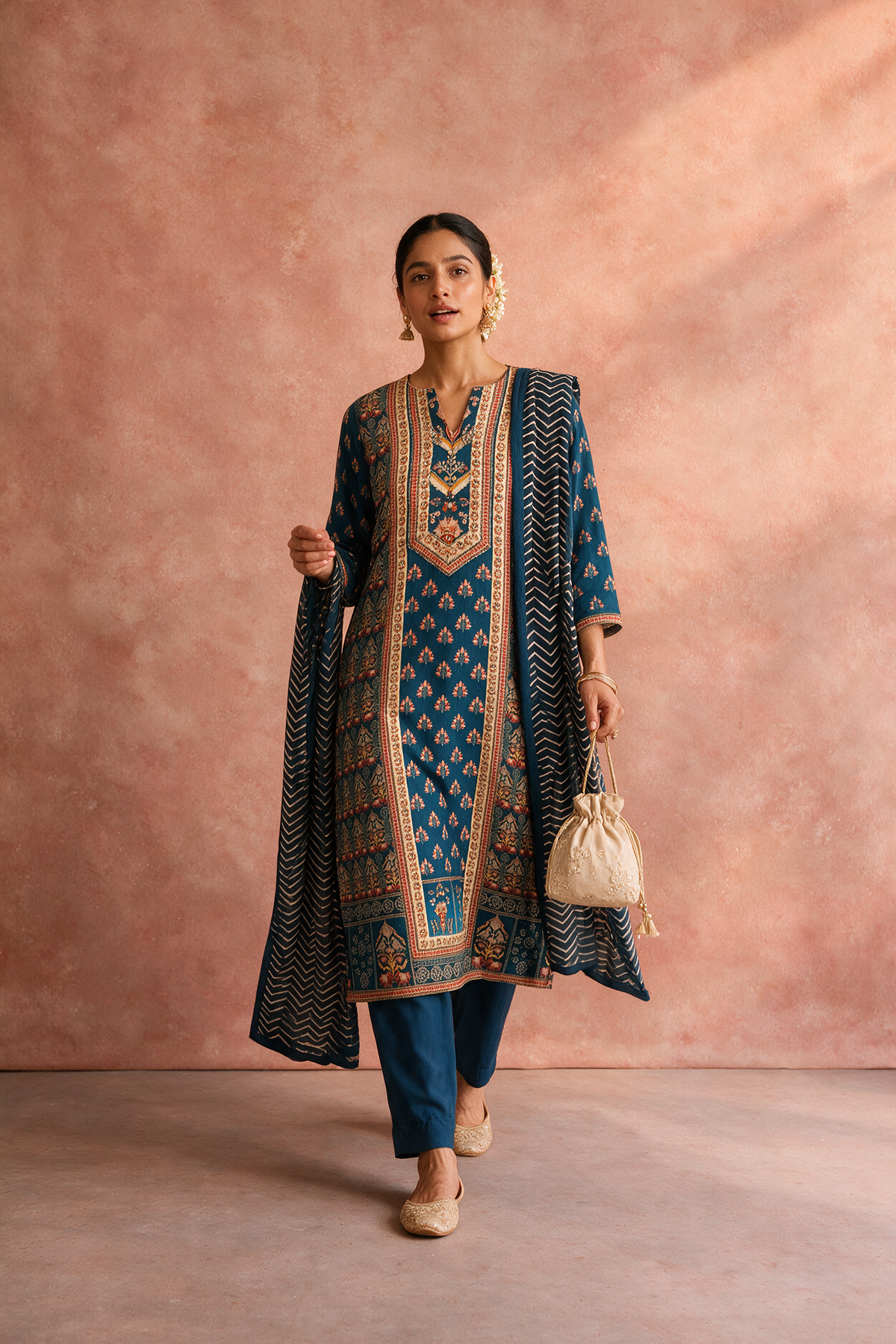 Teal Blue Printed Muslin Suit Set