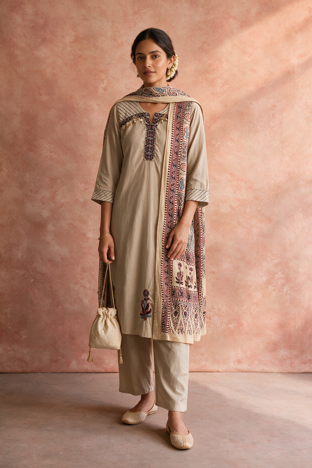 Warm Beige Embroidered Pure Cotton Suit Set