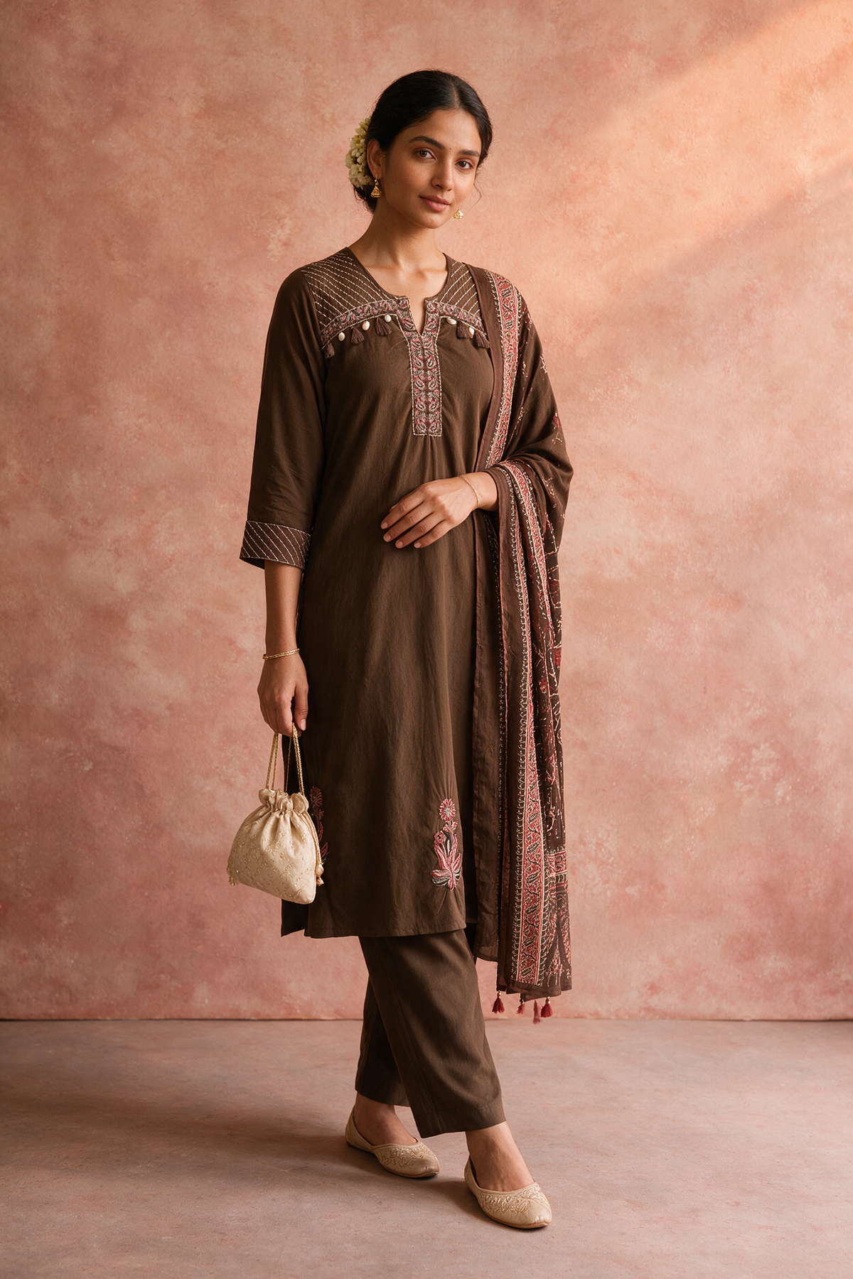 Chocolate Brown Embroidered Pure Cotton Suit Set with Printed Dupatta