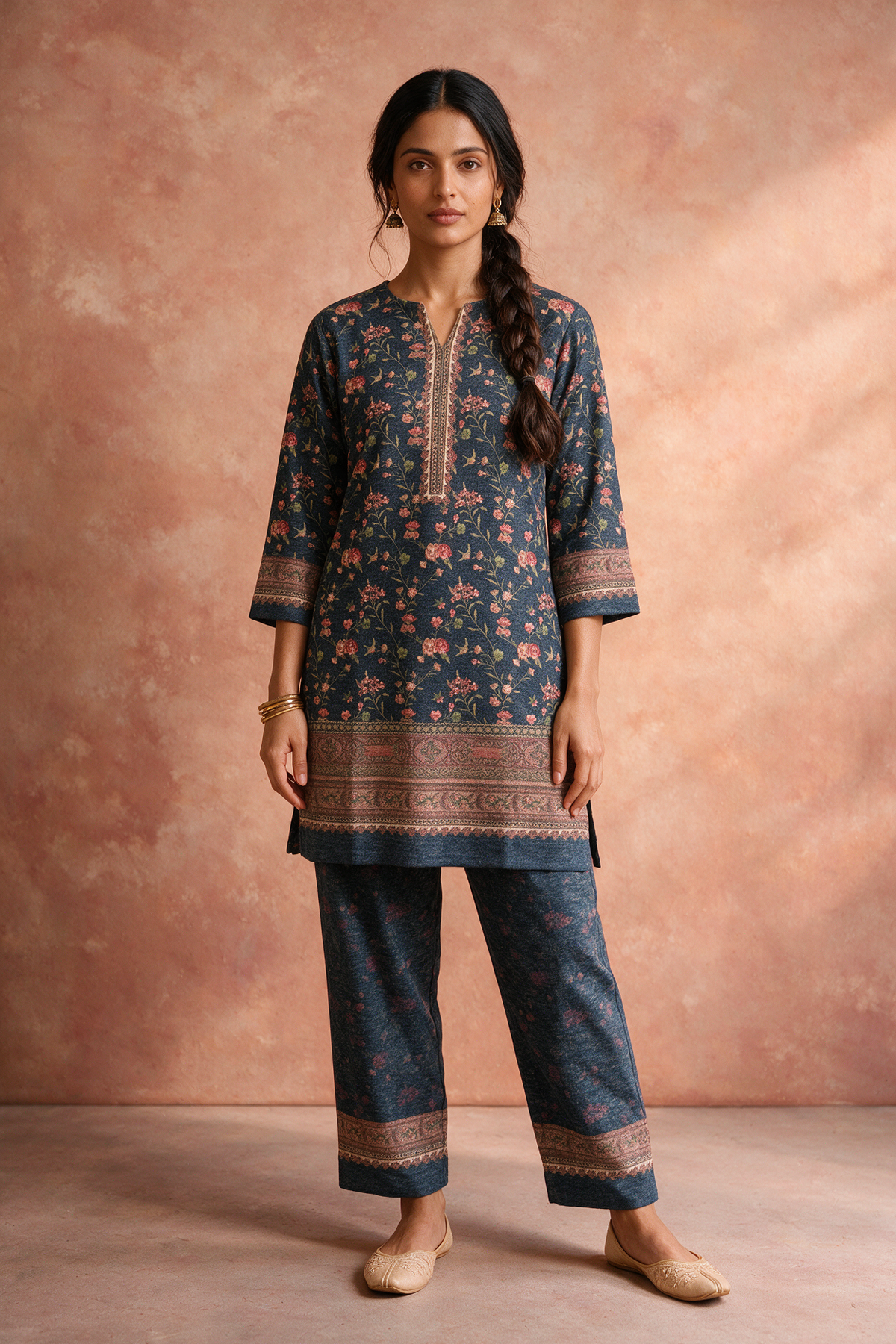 Navy Blue Floral Woollen Kurta/Co-ord Set