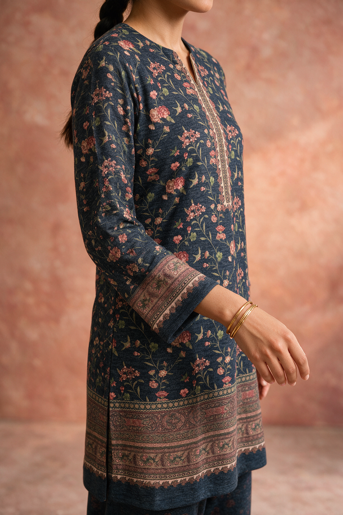 Navy Blue Floral Woollen Kurta/Co-ord Set