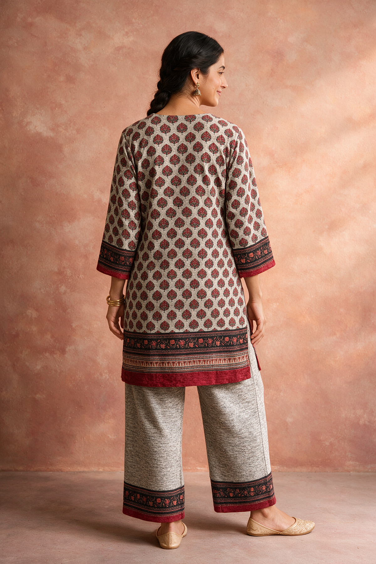 Beige Printed Woollen Kurta/Co-ord Set