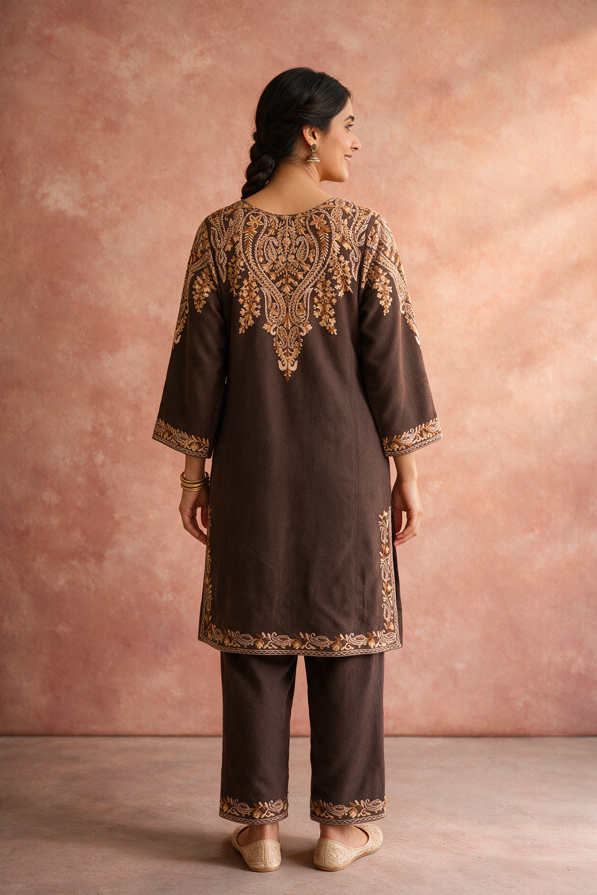 Chocolate Brown Embroidered Woollen Kurta/Co-ord Set