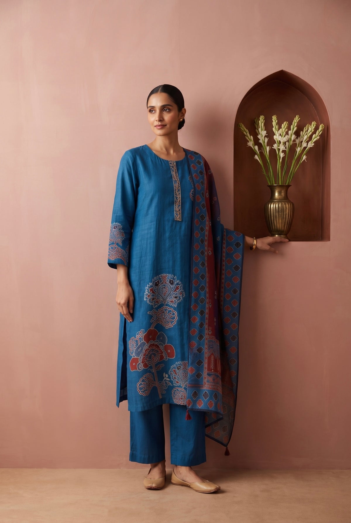 Blue Floral Printed Muslin Suit Set