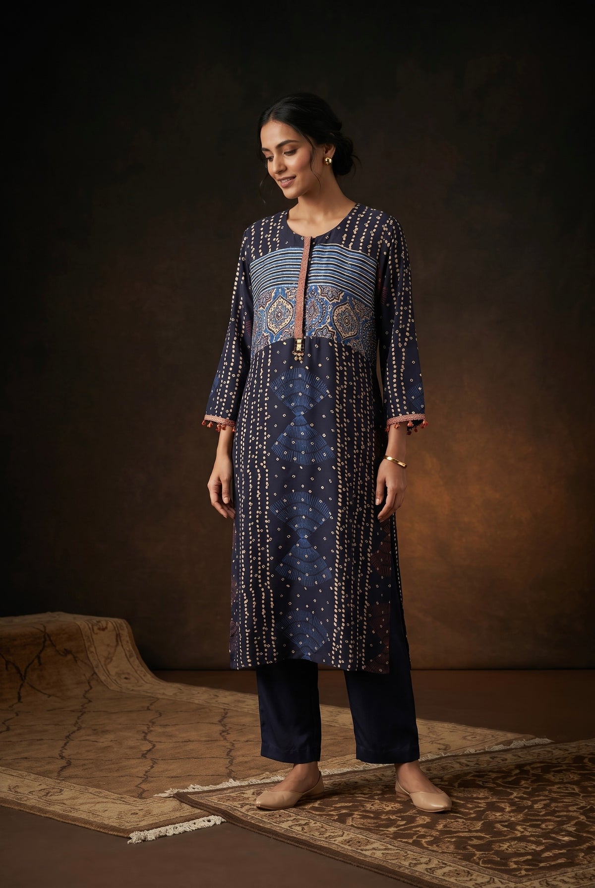 Midnight Blue Gajji Silk Printed Luxe Kurta Set