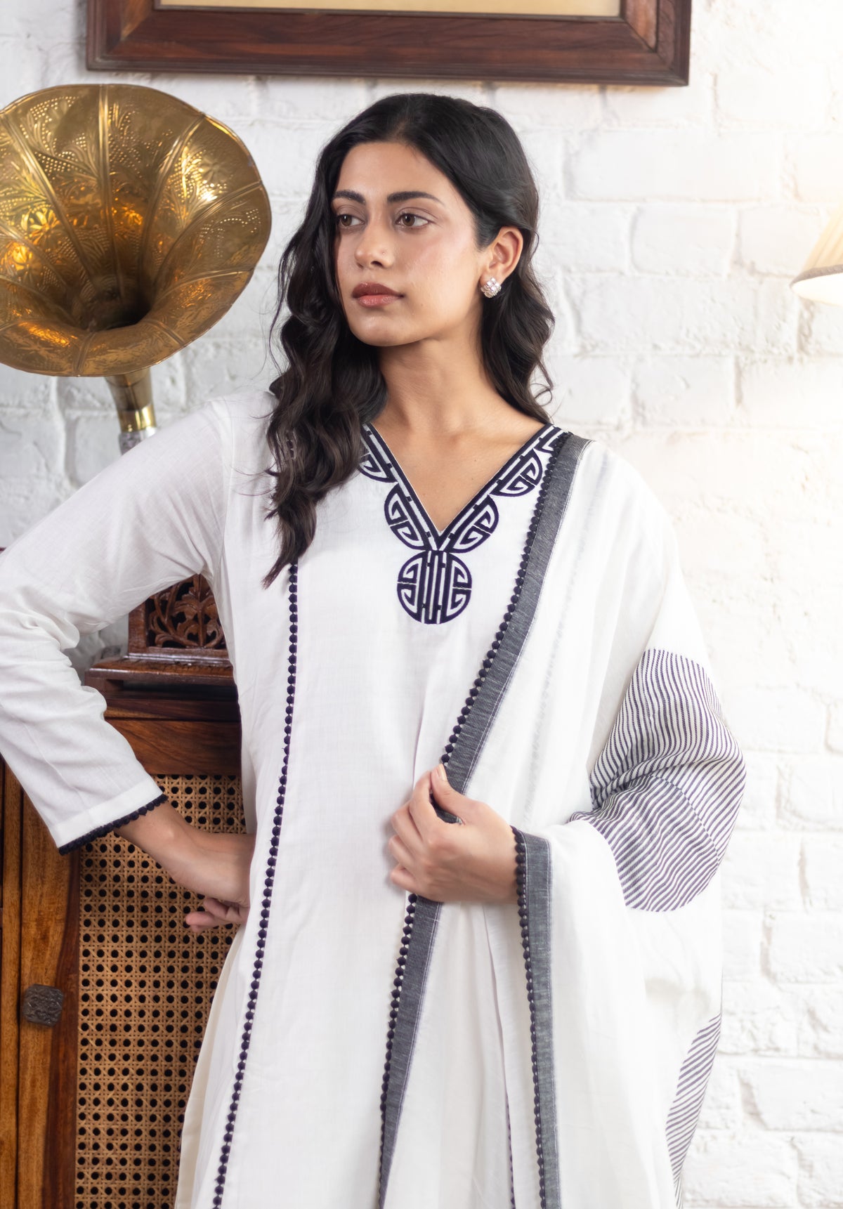 Ivory & Black Pure Linen A-line Suit Set | HER-823