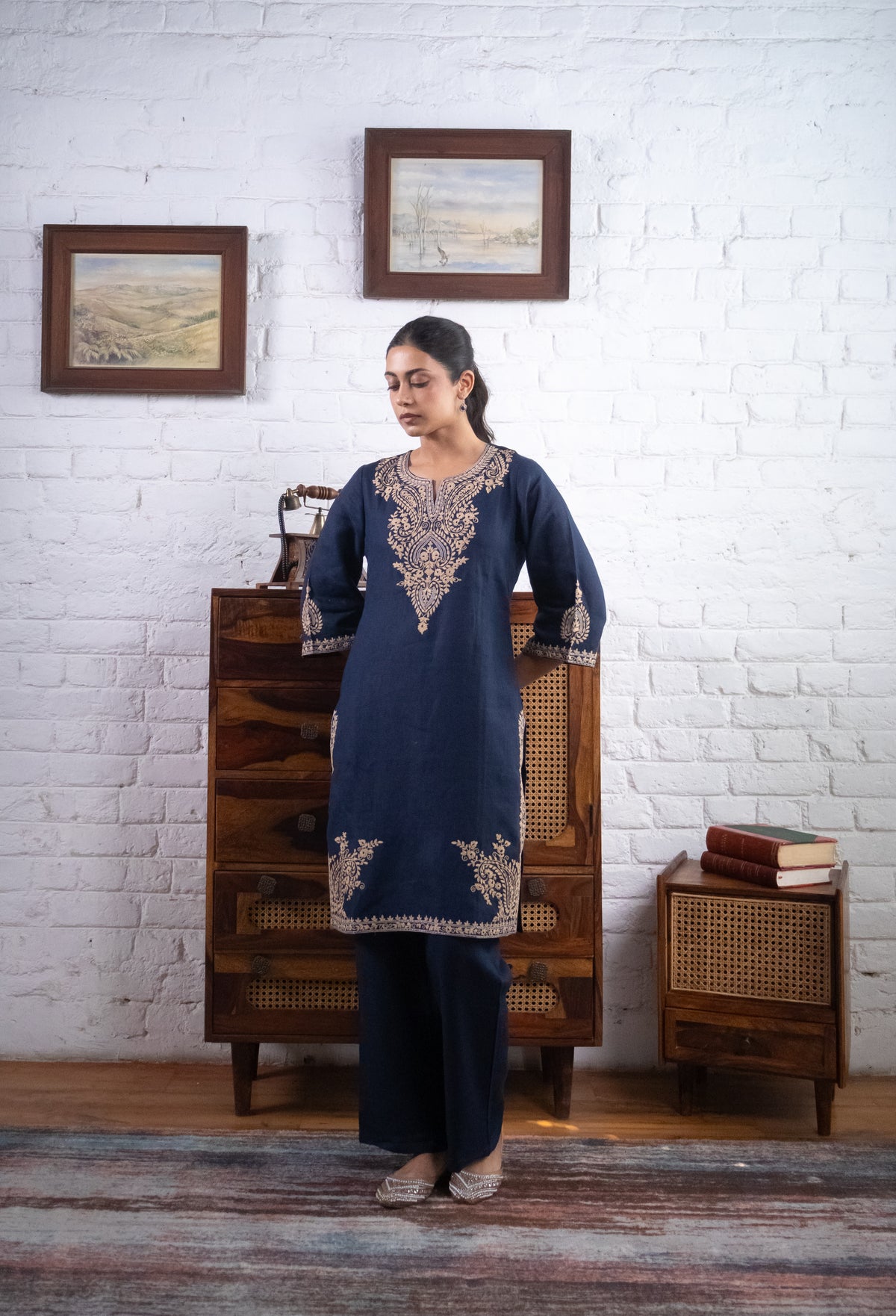 Midnight Blue Embroidered Pure Linen Kurta Set