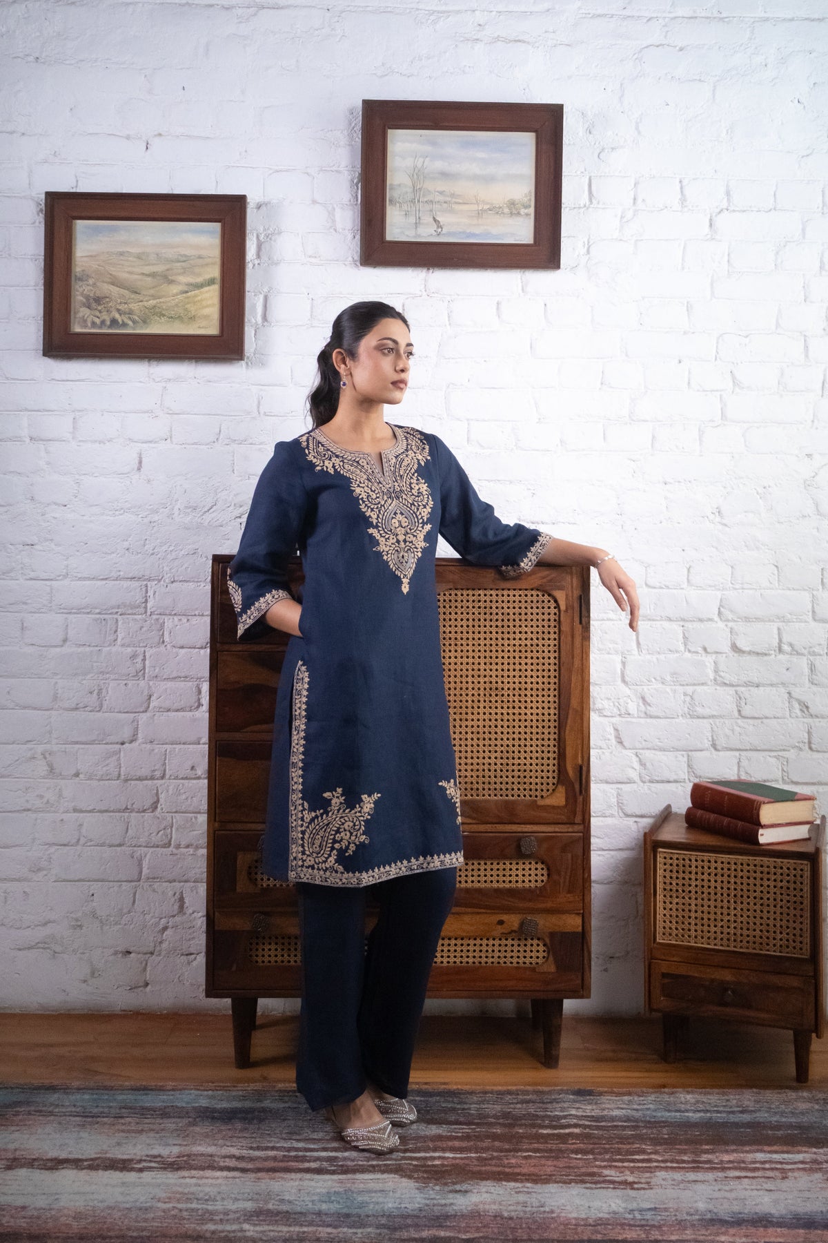 Midnight Blue Embroidered Pure Linen Kurta Set
