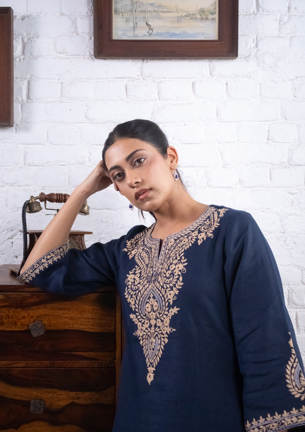Midnight Blue Embroidered Pure Linen Kurta Set