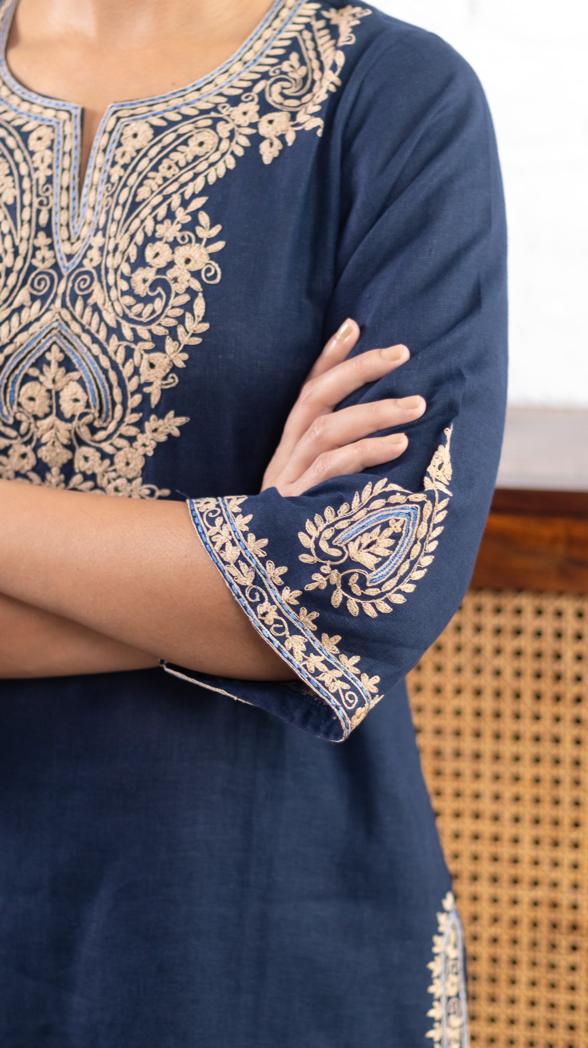Midnight Blue Embroidered Pure Linen Kurta Set