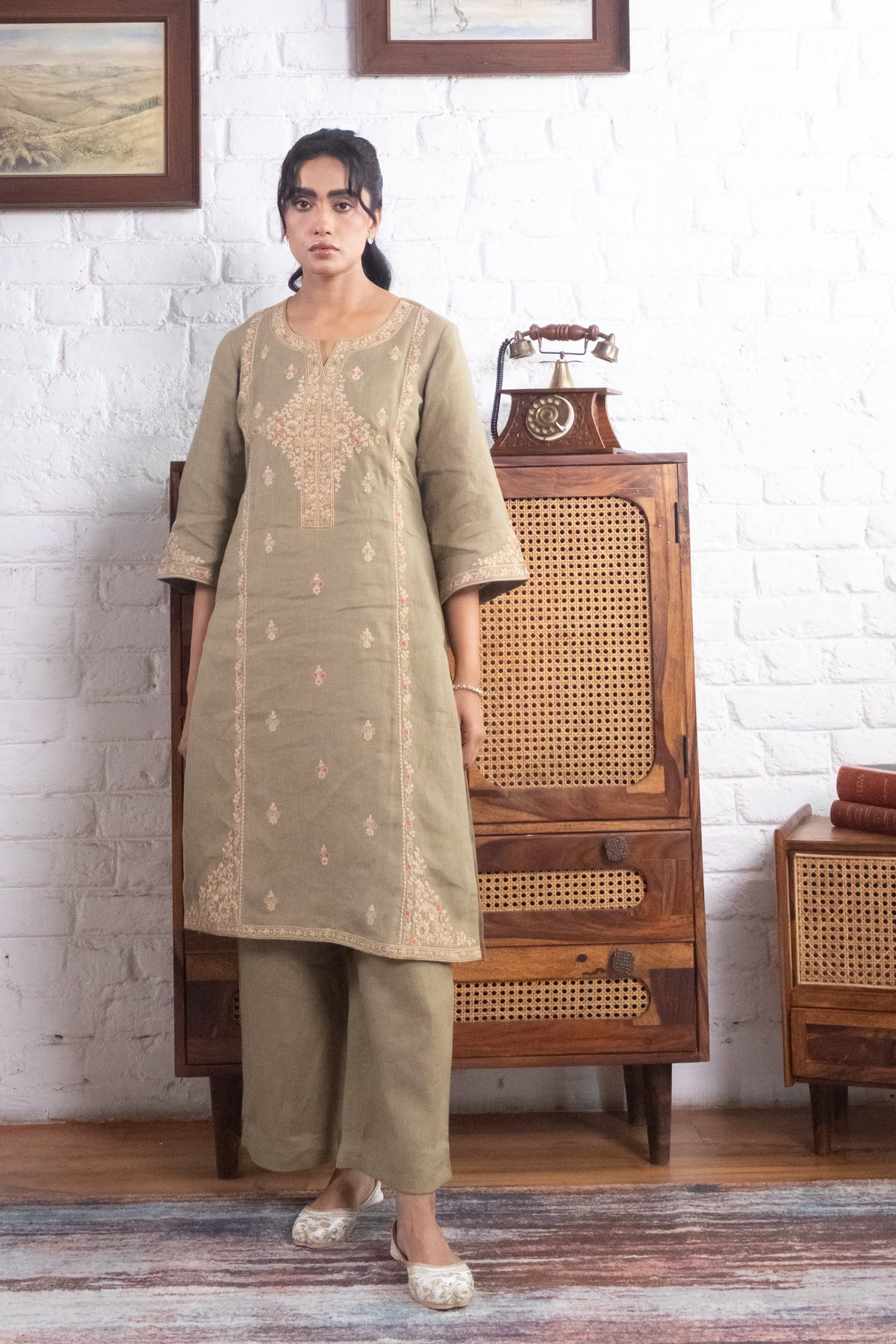 Sage Olive Green Pure Linen Embroidered Kurta Set