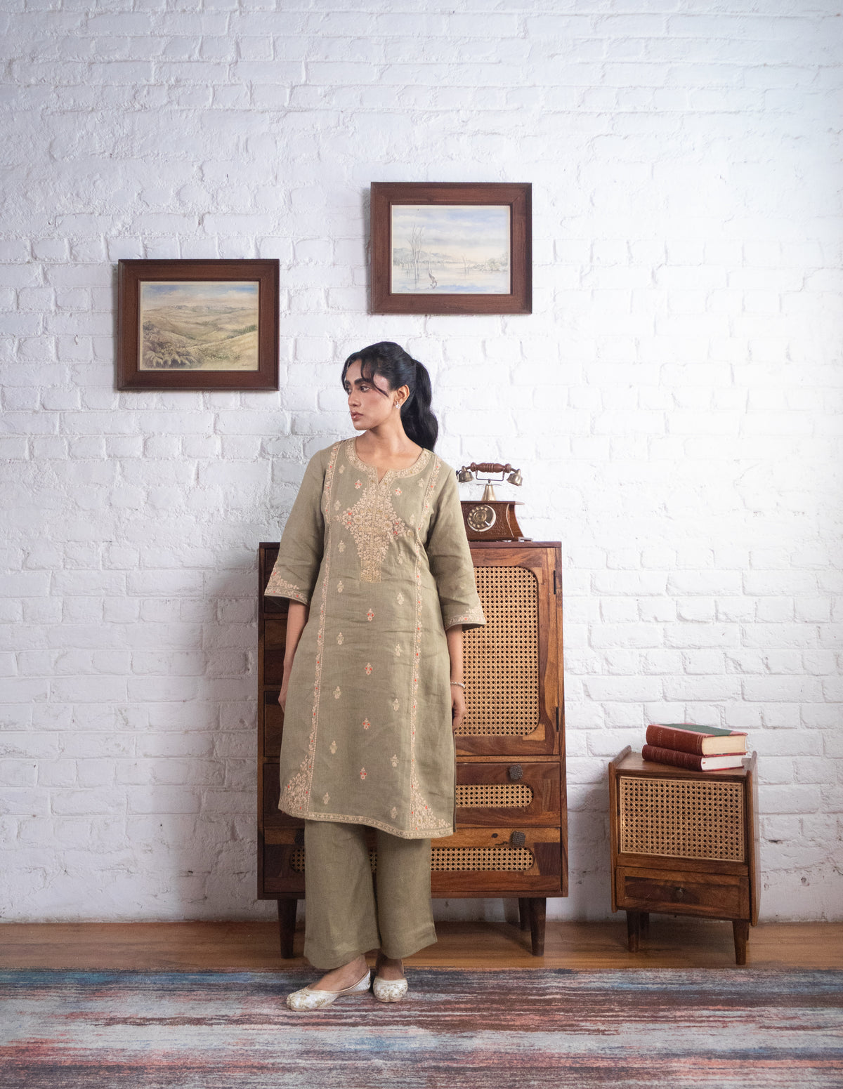 Sage Olive Green Pure Linen Embroidered Kurta Set
