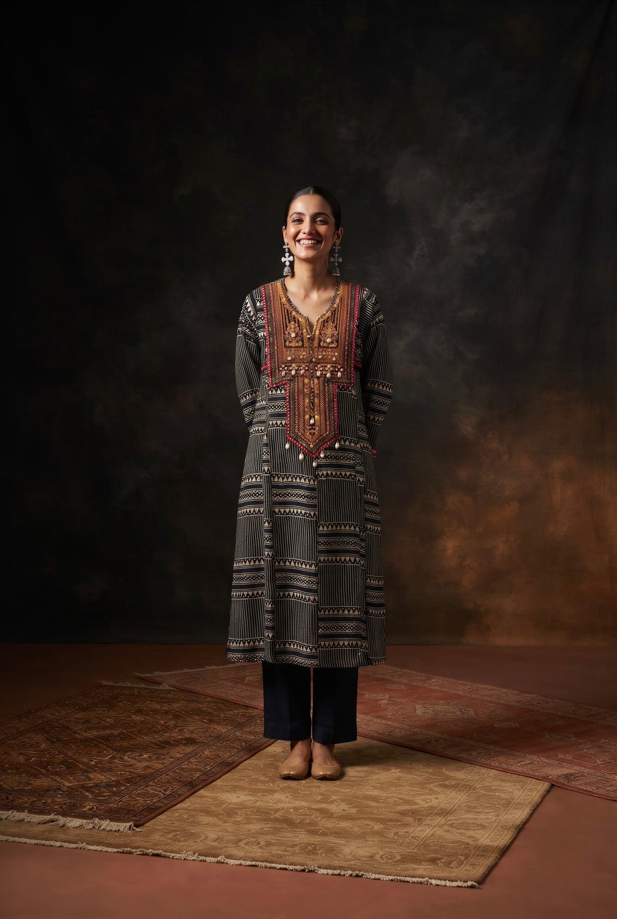 Black Gajji Silk Printed Luxe Kurta Set