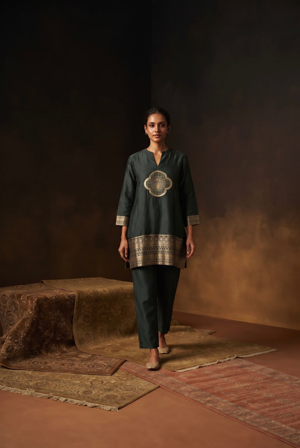 Midnight Olive Green Dola Silk Festive Kurta/Co-ord Set
