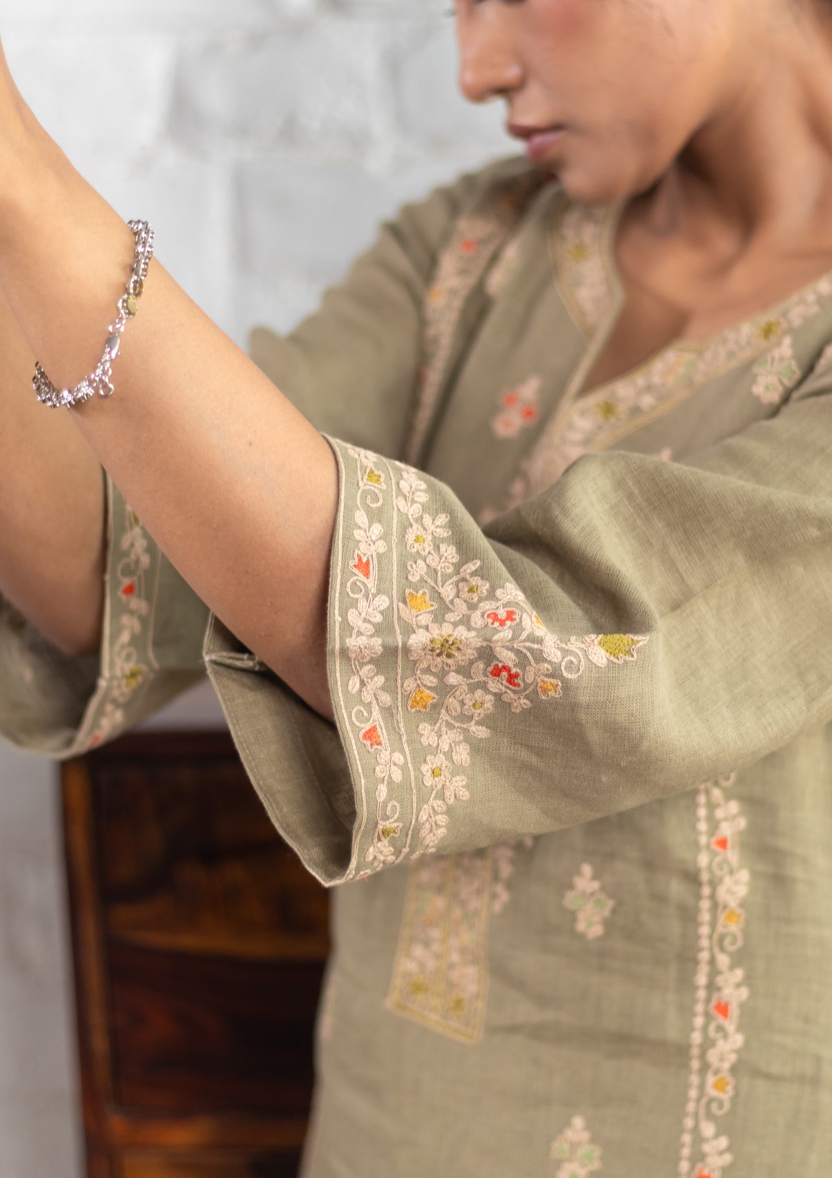 Sage Olive Green Pure Linen Embroidered Kurta Set