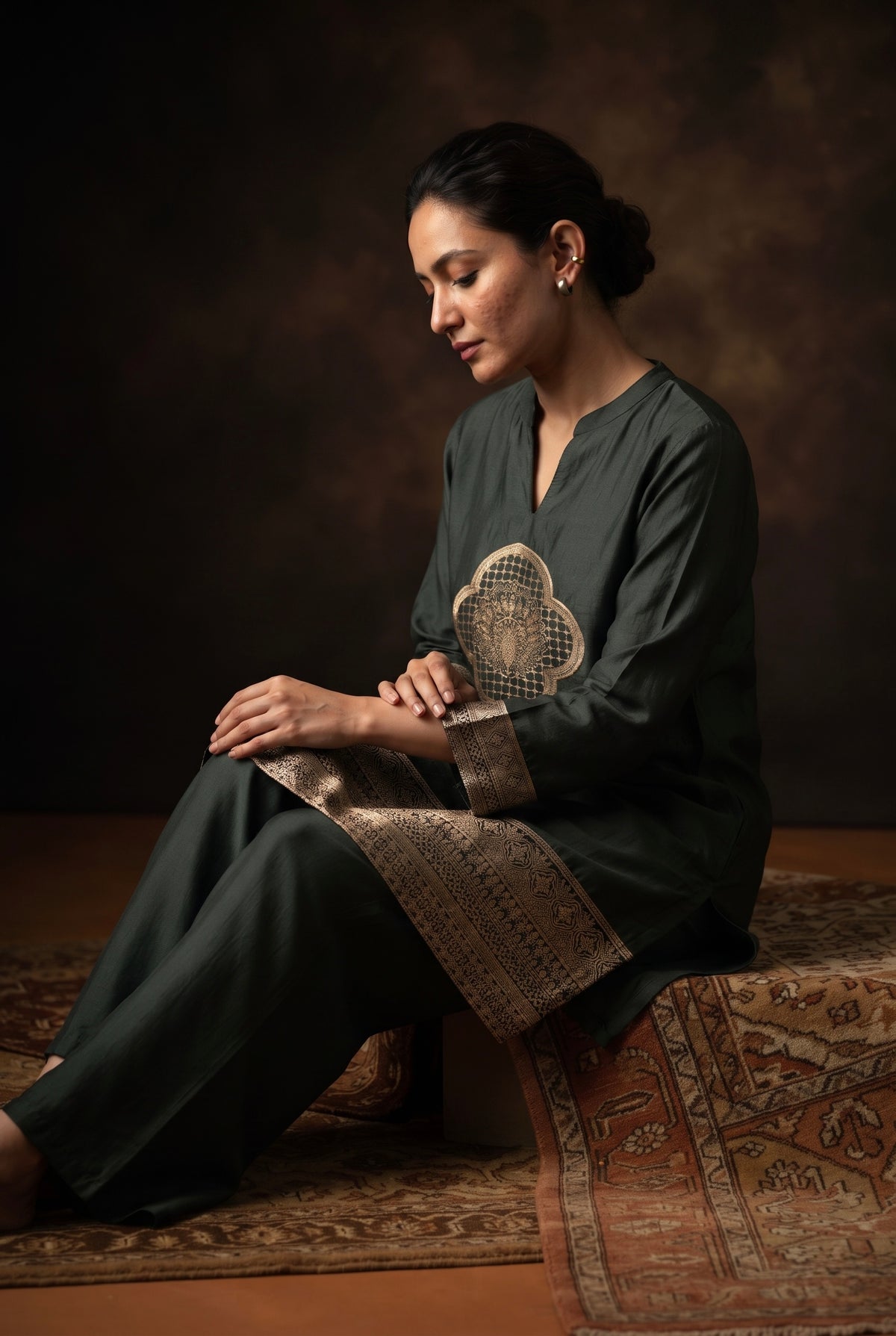Midnight Olive Green Dola Silk Festive Kurta/Co-ord Set