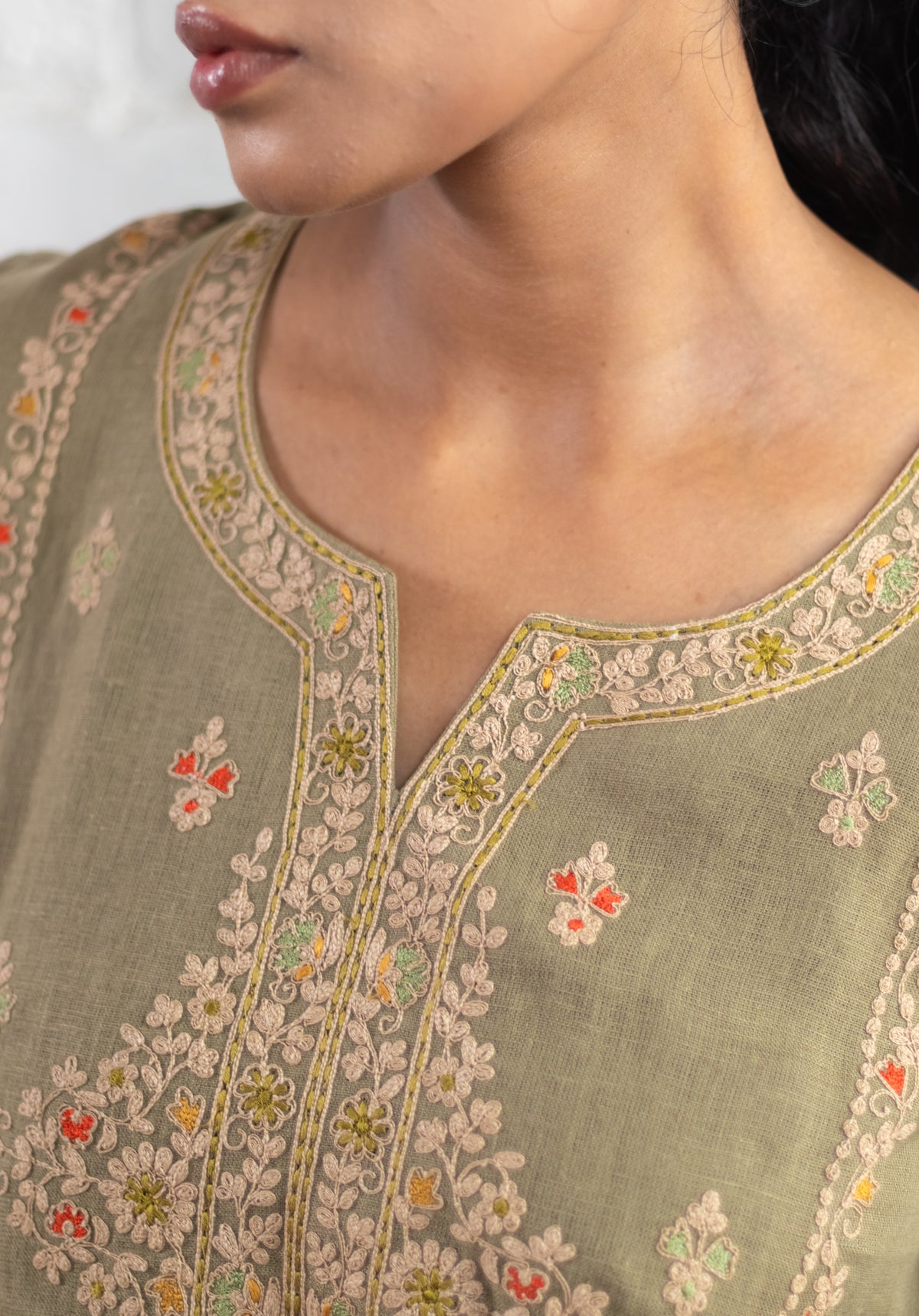 Sage Olive Green Pure Linen Embroidered Kurta Set