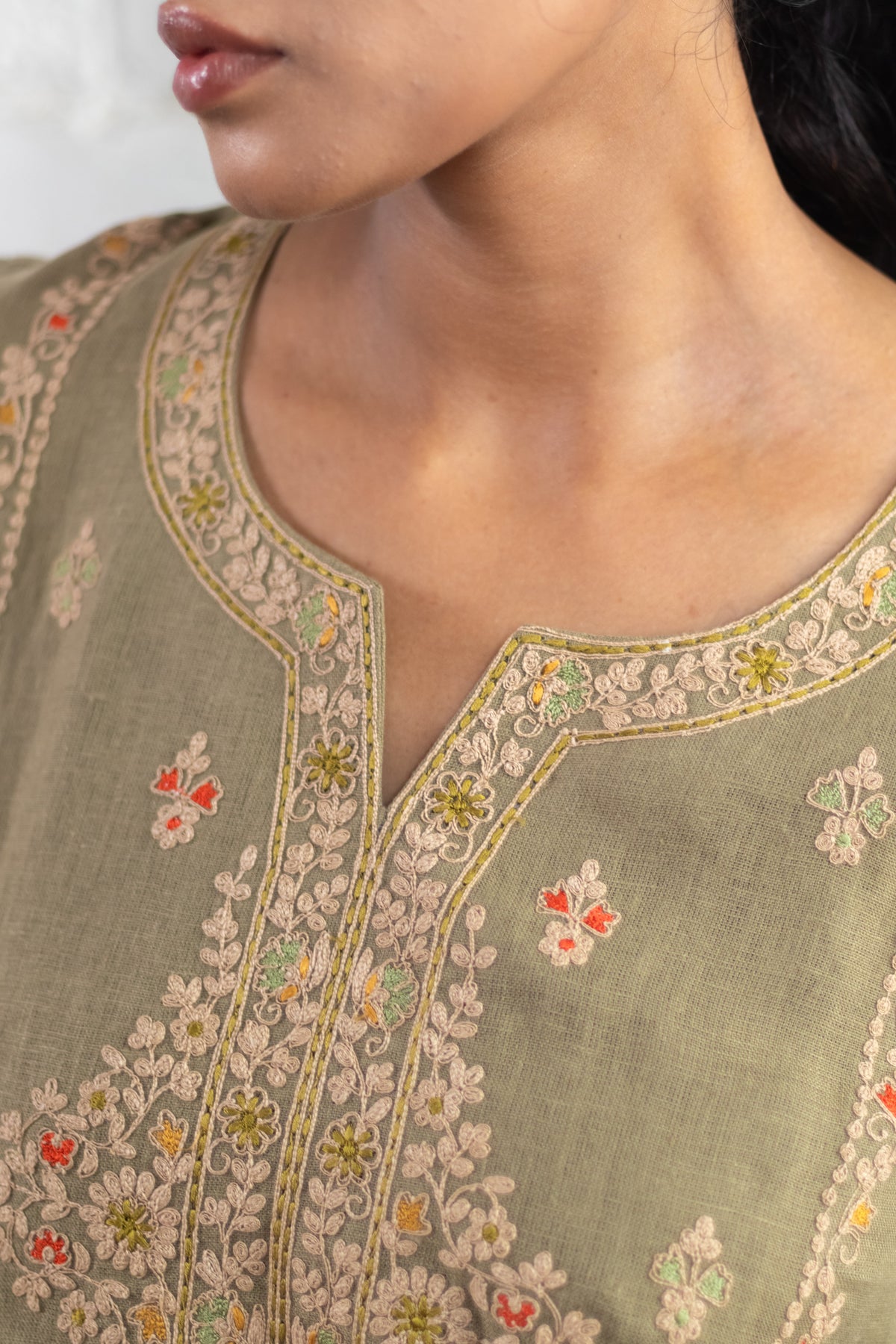 Sage Olive Green Pure Linen Embroidered Kurta Set