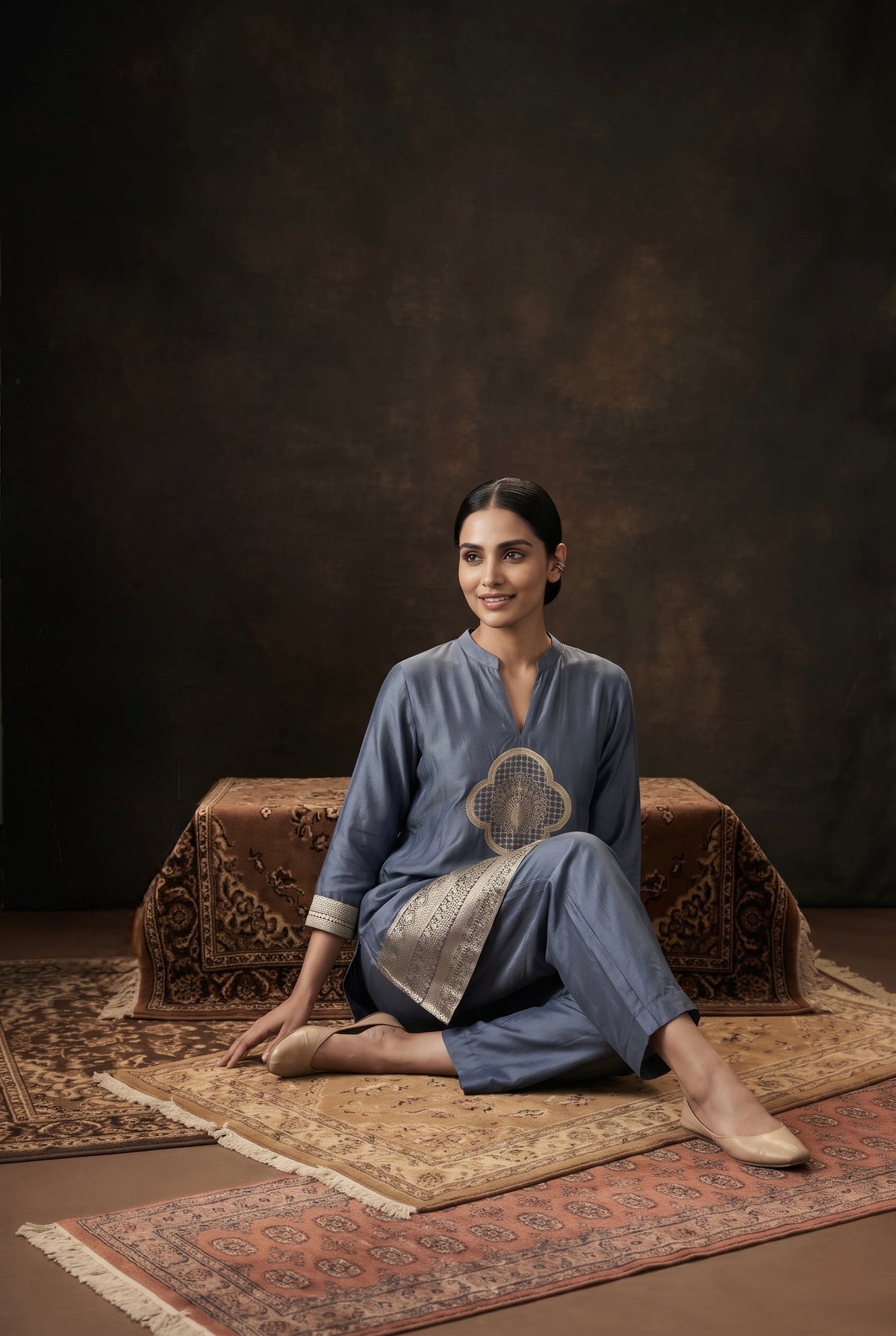Slate Blue Dola Silk Festive Kurta/Co-ord Set