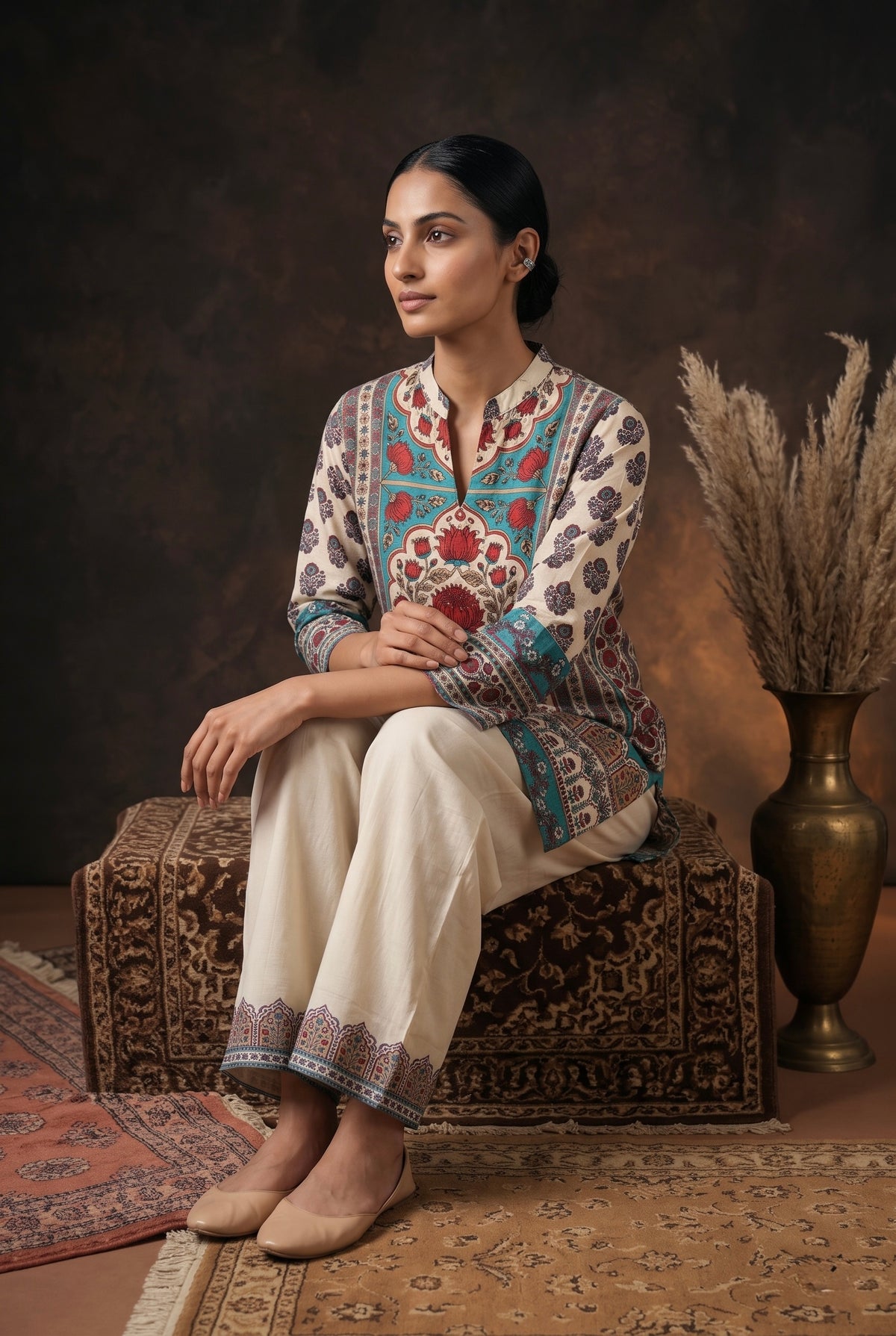 Beige Floral Printed Muslin Luxe Kurta/Co-ord Set