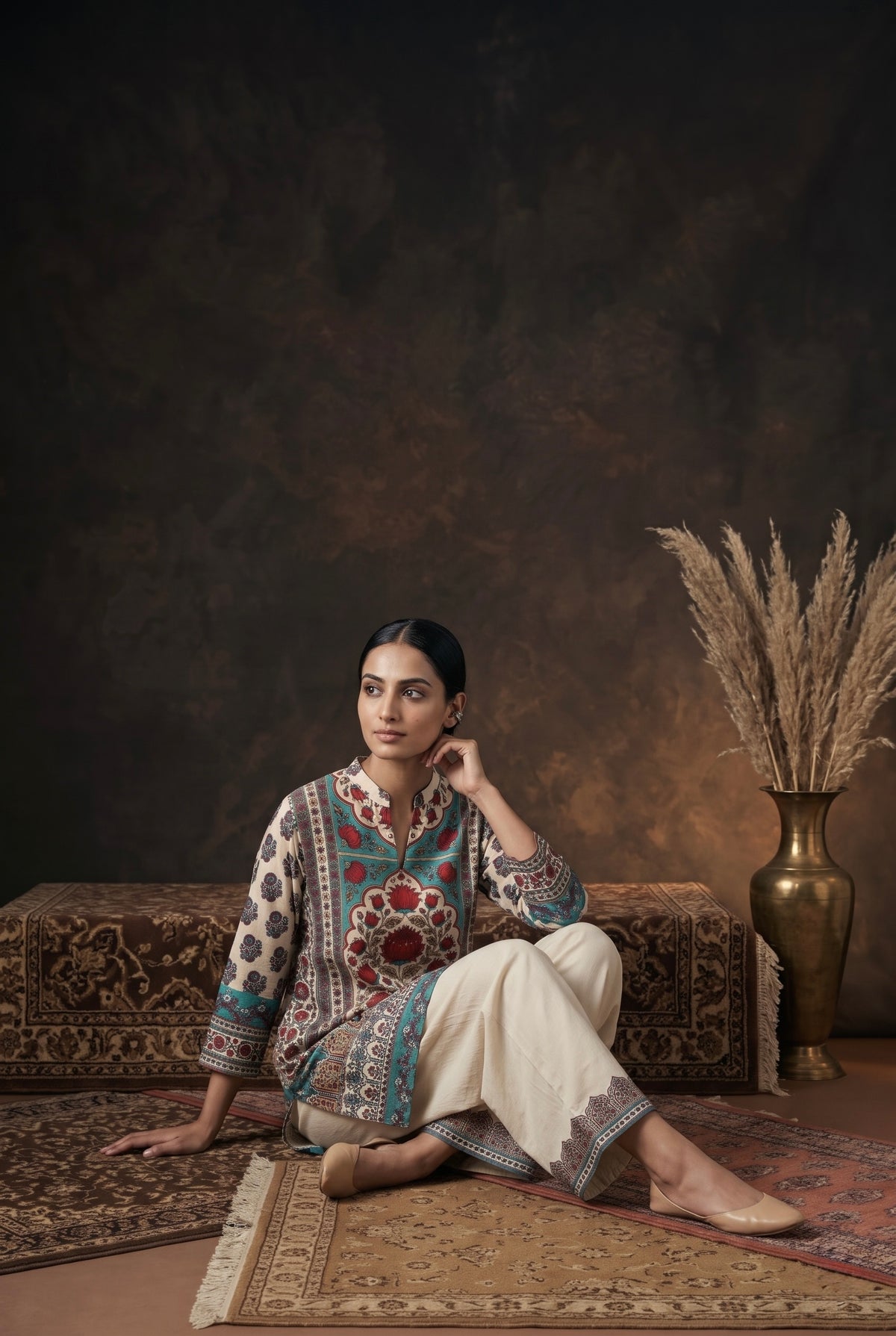 Beige Floral Printed Muslin Luxe Kurta/Co-ord Set