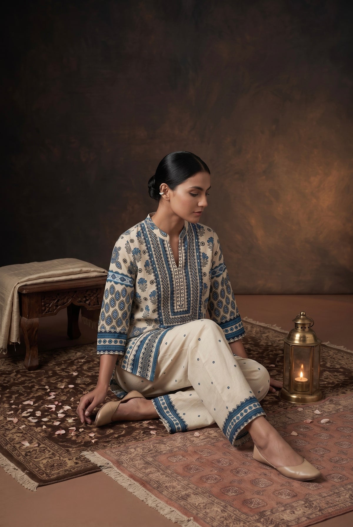 Beige & Blue Printed Muslin Luxe Kurta/Co-ord Set