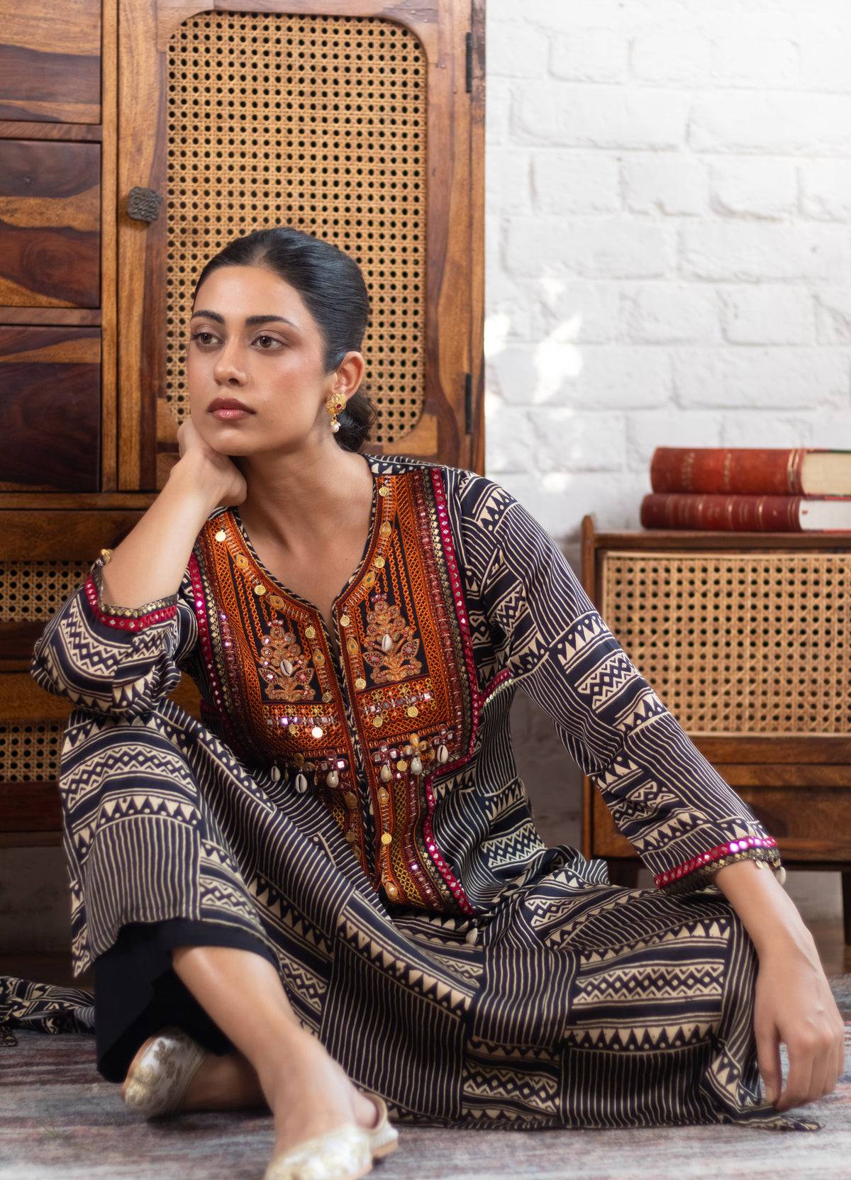 Black Gajji Silk Printed Luxe Kurta Set