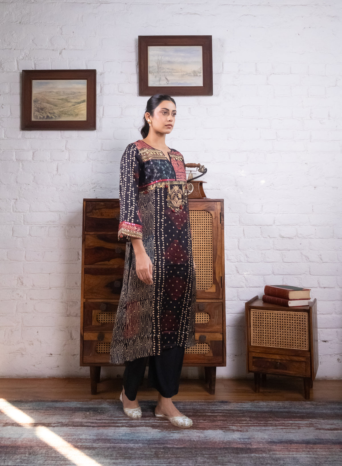 Midnight Blue Gajji Silk Printed Embellished Kurta Set