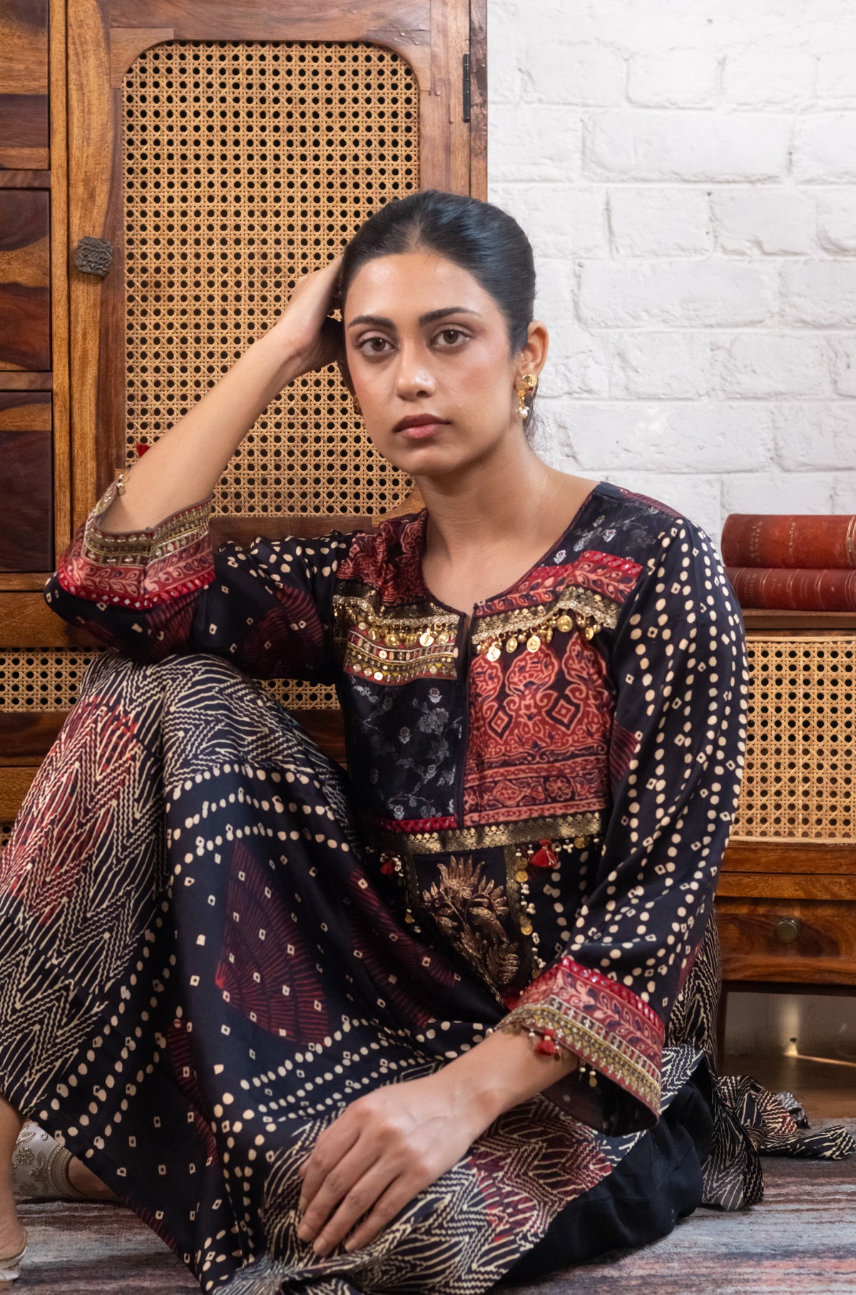 Midnight Blue Gajji Silk Printed Embellished Kurta Set
