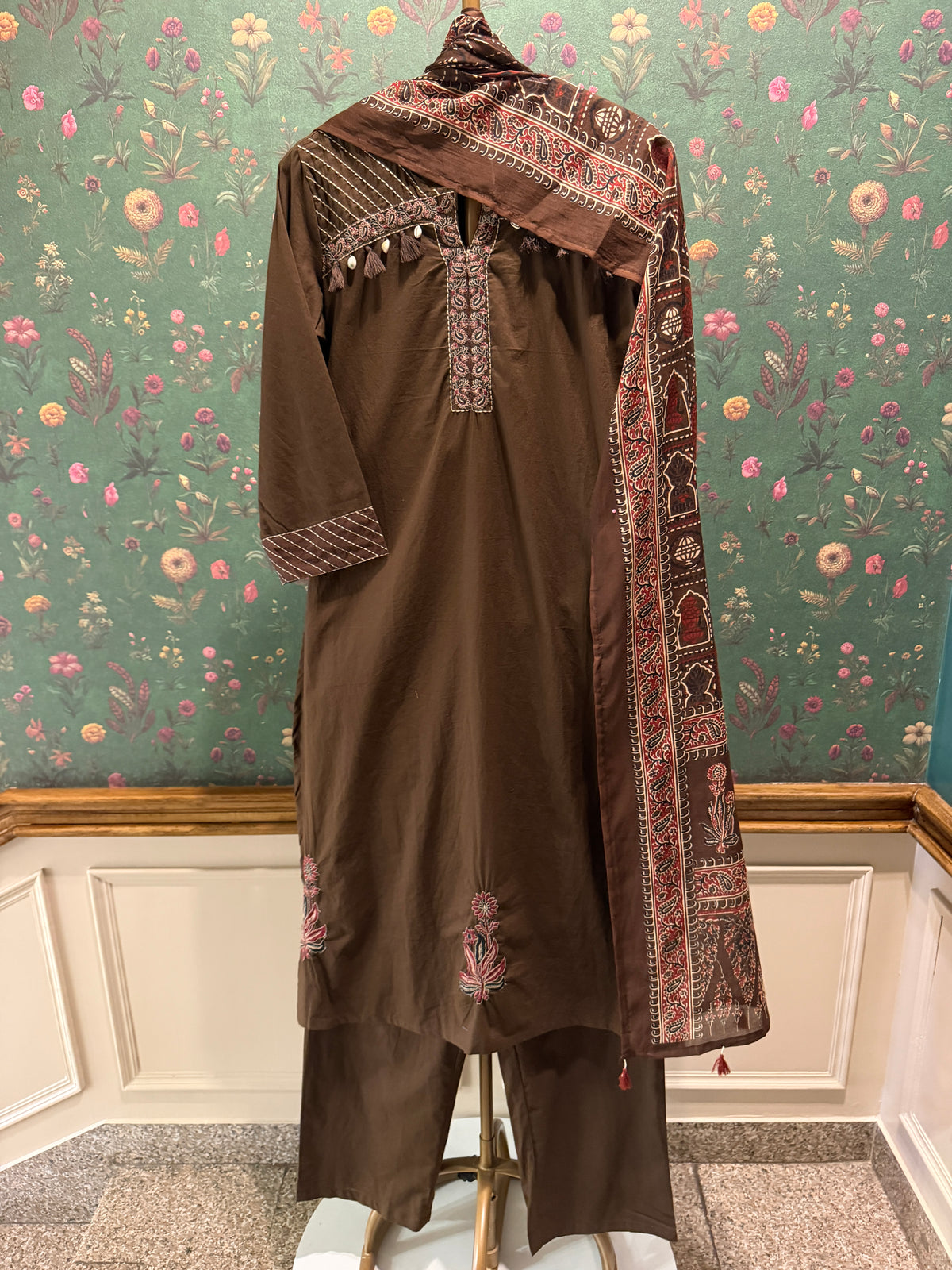 Chocolate Brown Embroidered Pure Cotton Suit Set with Printed Dupatta