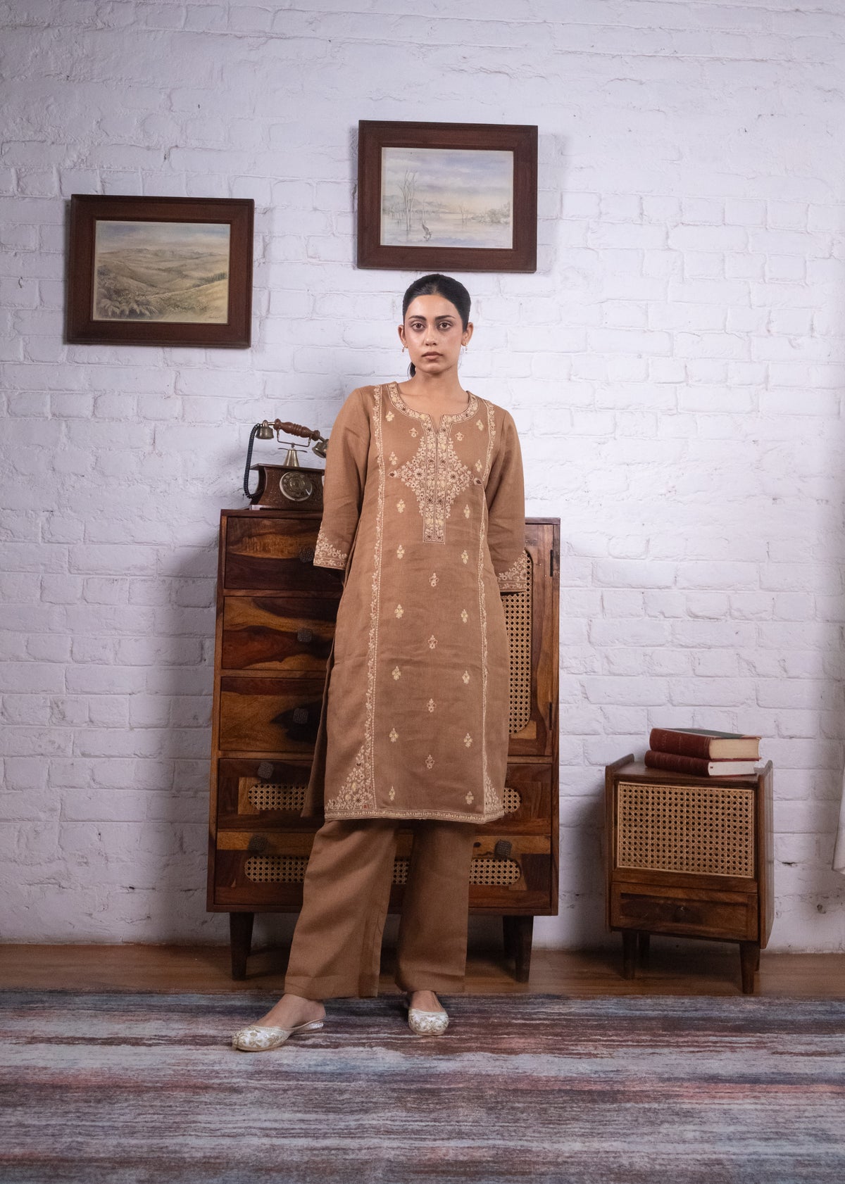 Warm Mocha Brown Pure Linen Embroidered Kurta Set